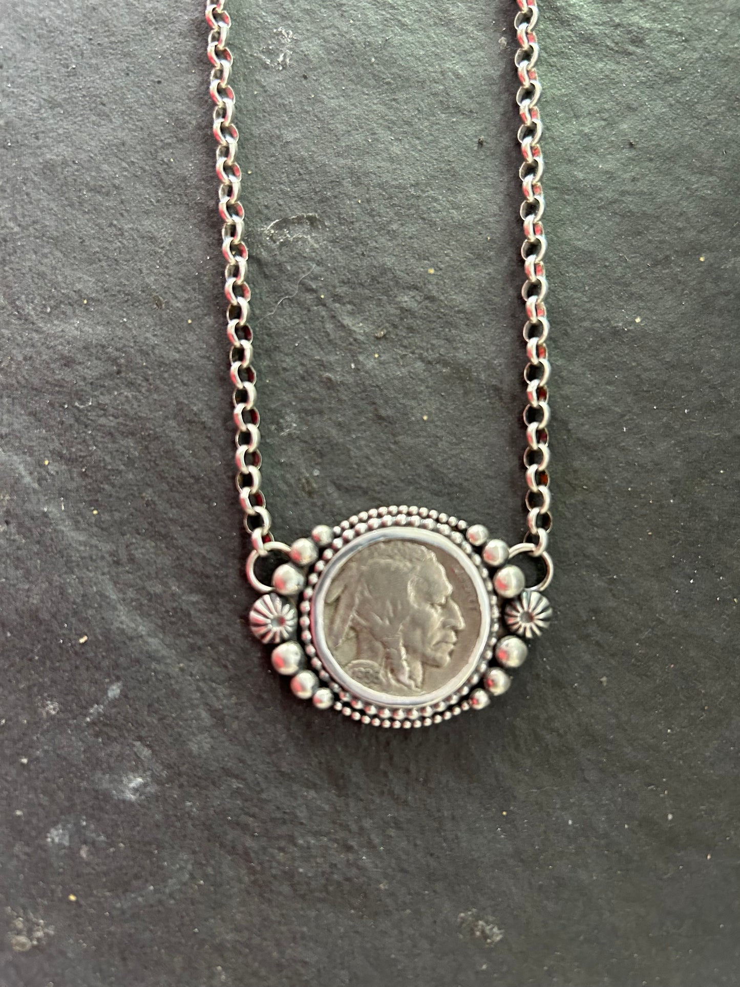 Sterling Silver + Vintage Buffalo Nickel 18" Fixed Chain Necklace Indian Side