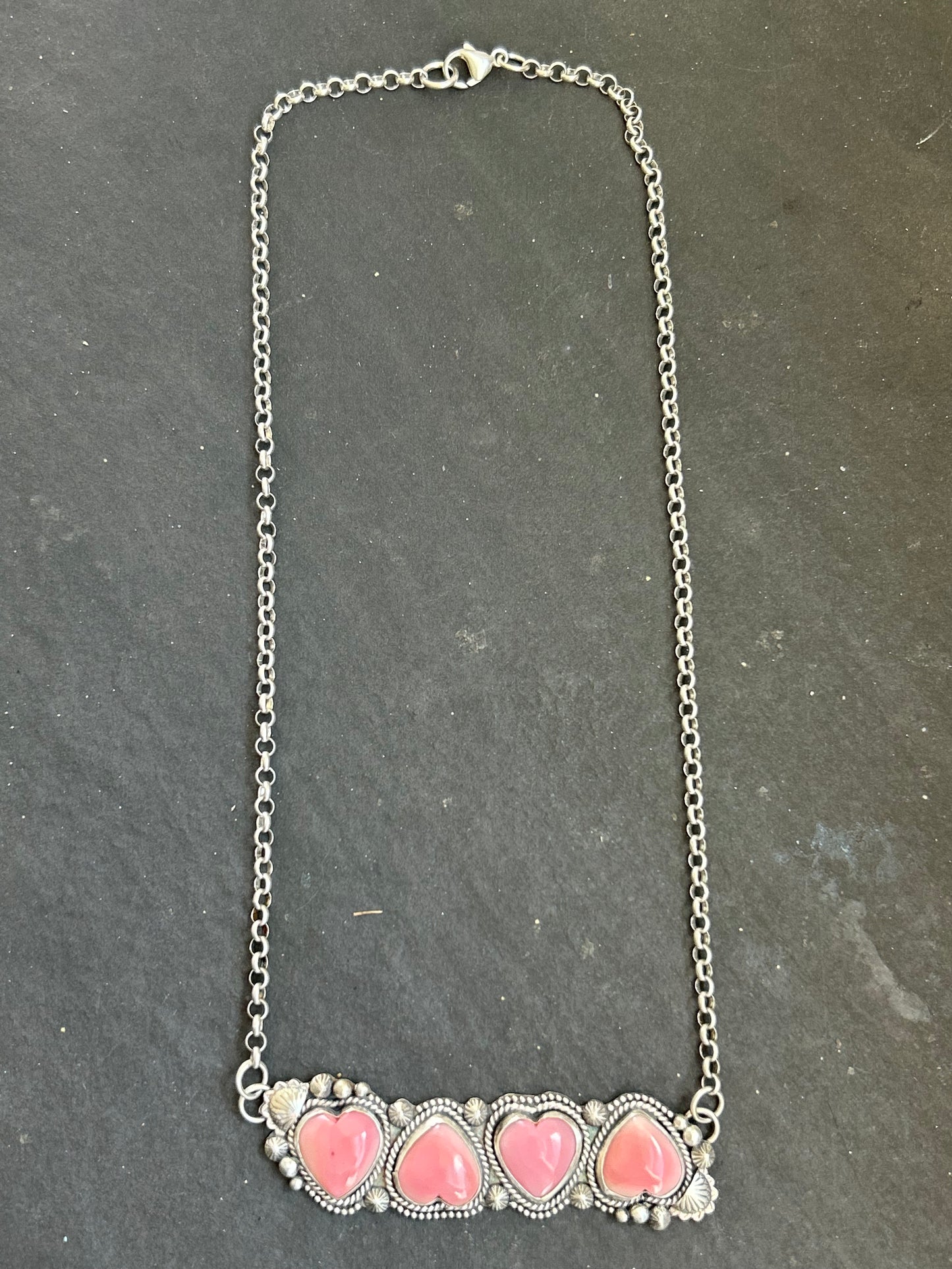 4-Stone Pink Conch Heart Bar Necklace