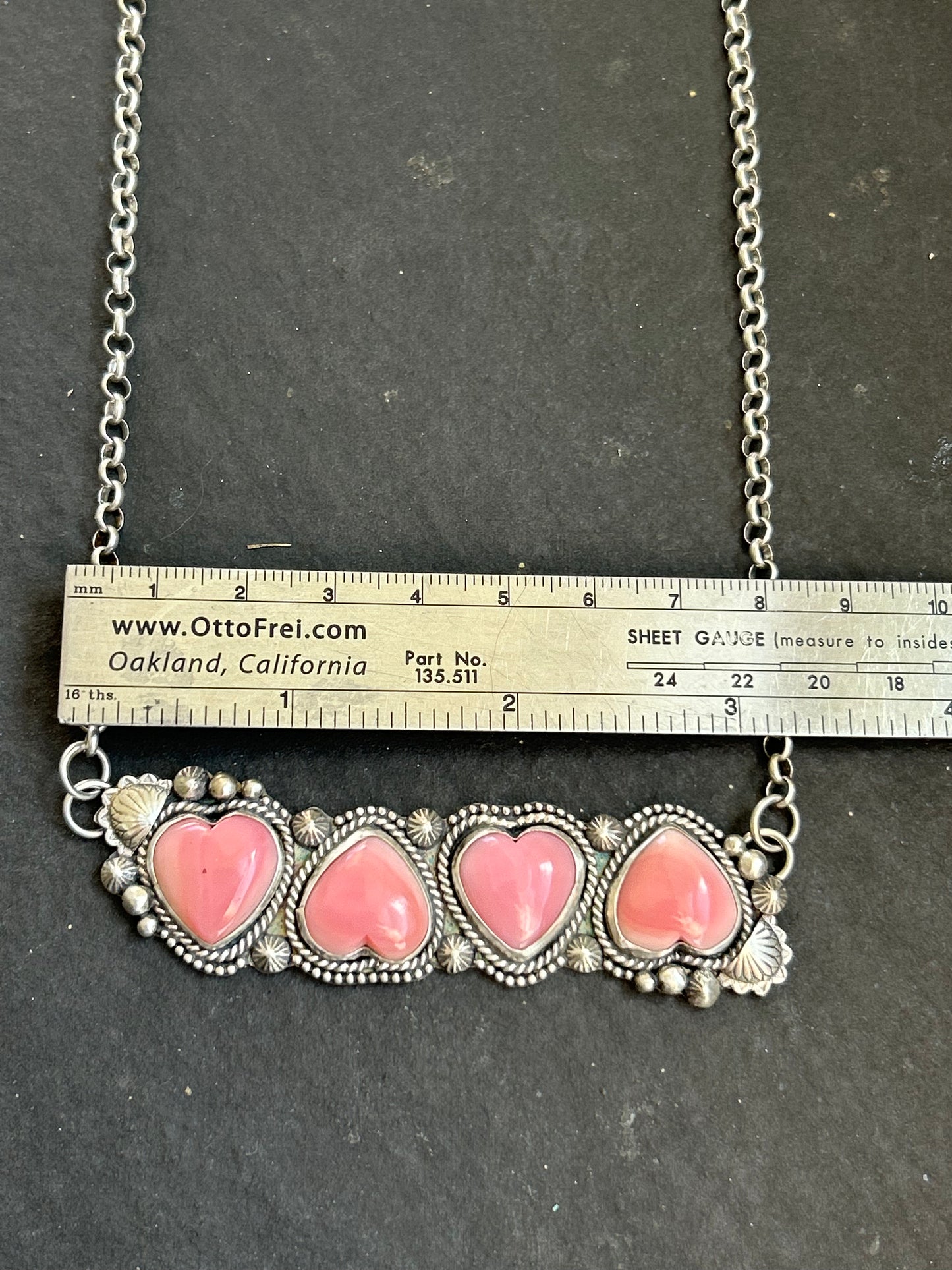 4-Stone Pink Conch Heart Bar Necklace