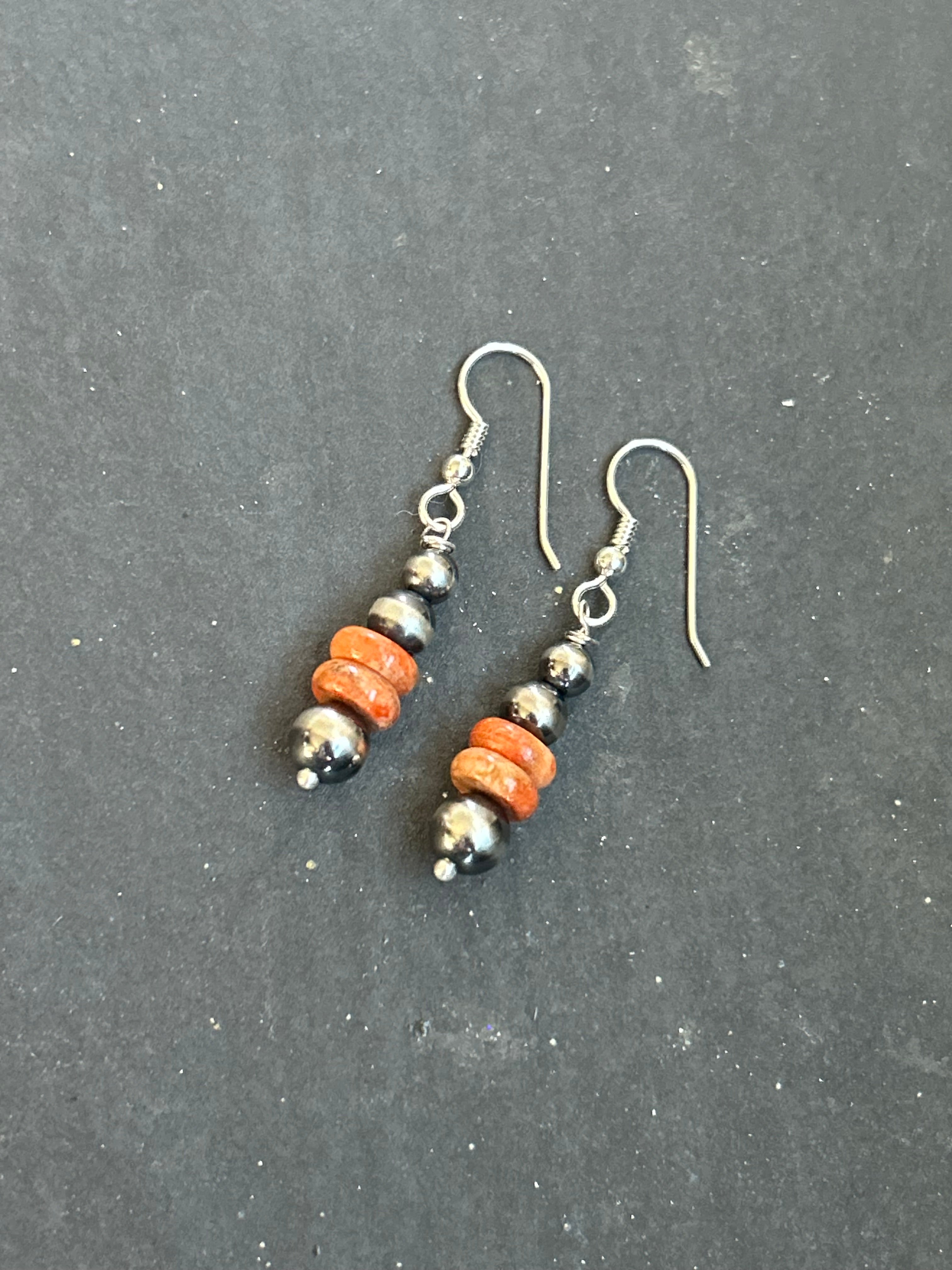 Sterling Silver Apple Coral Tapered Round Pearl Dangle Earrings