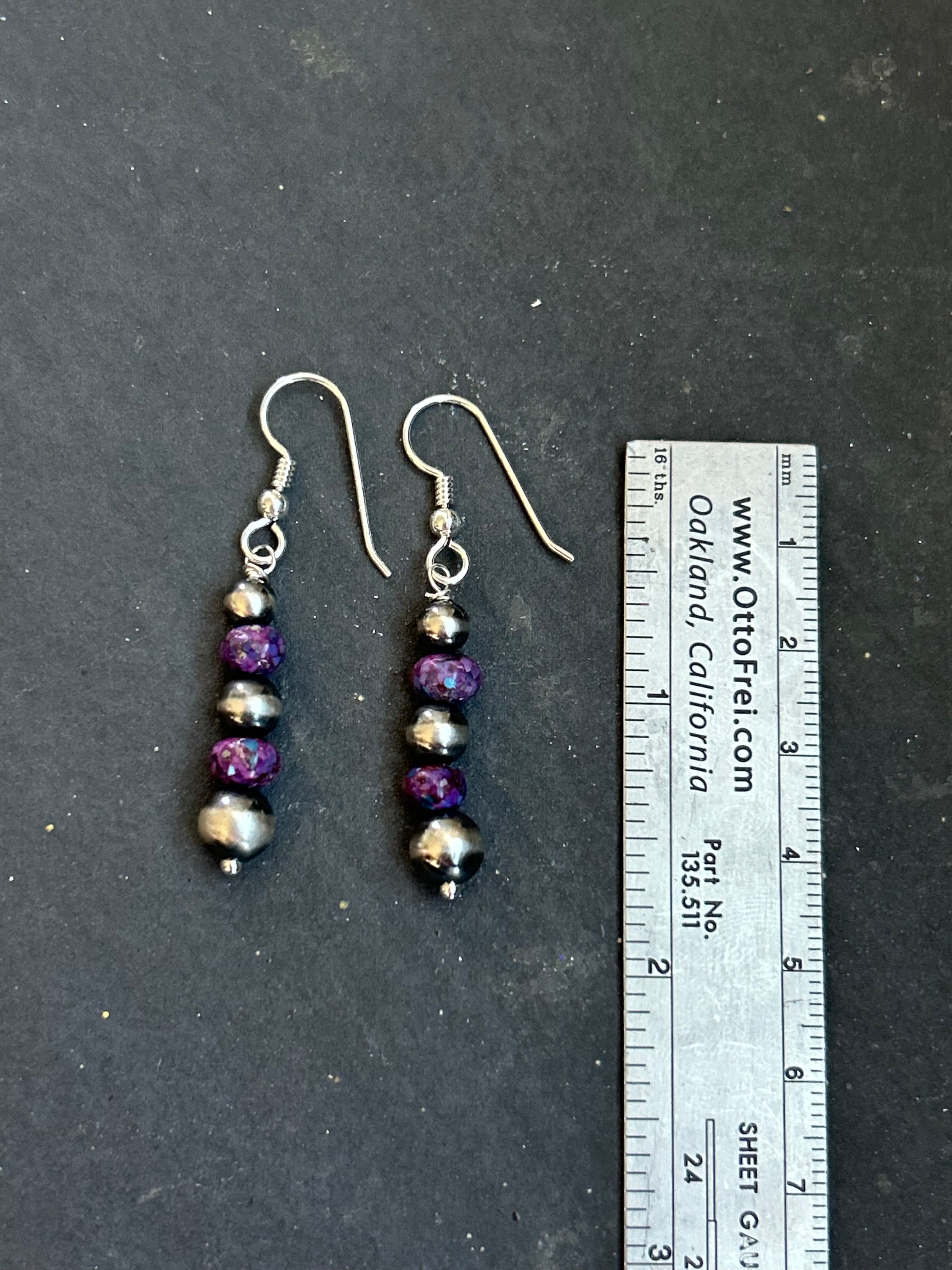 Purple Mohave Round Pearl Tapered Dangle Earrings Style #2
