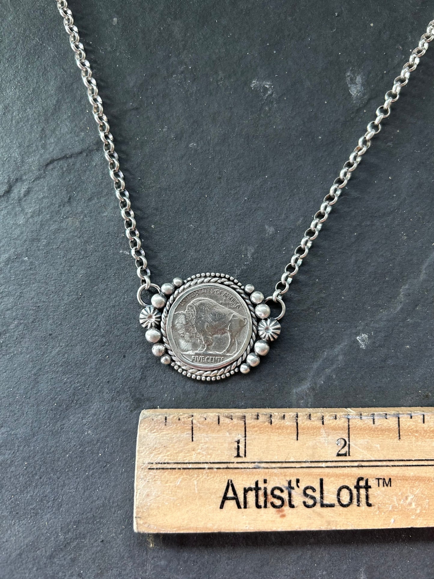 Sterling Silver + Vintage Buffalo Nickel 18" Fixed Chain Necklace (Buffalo Side)