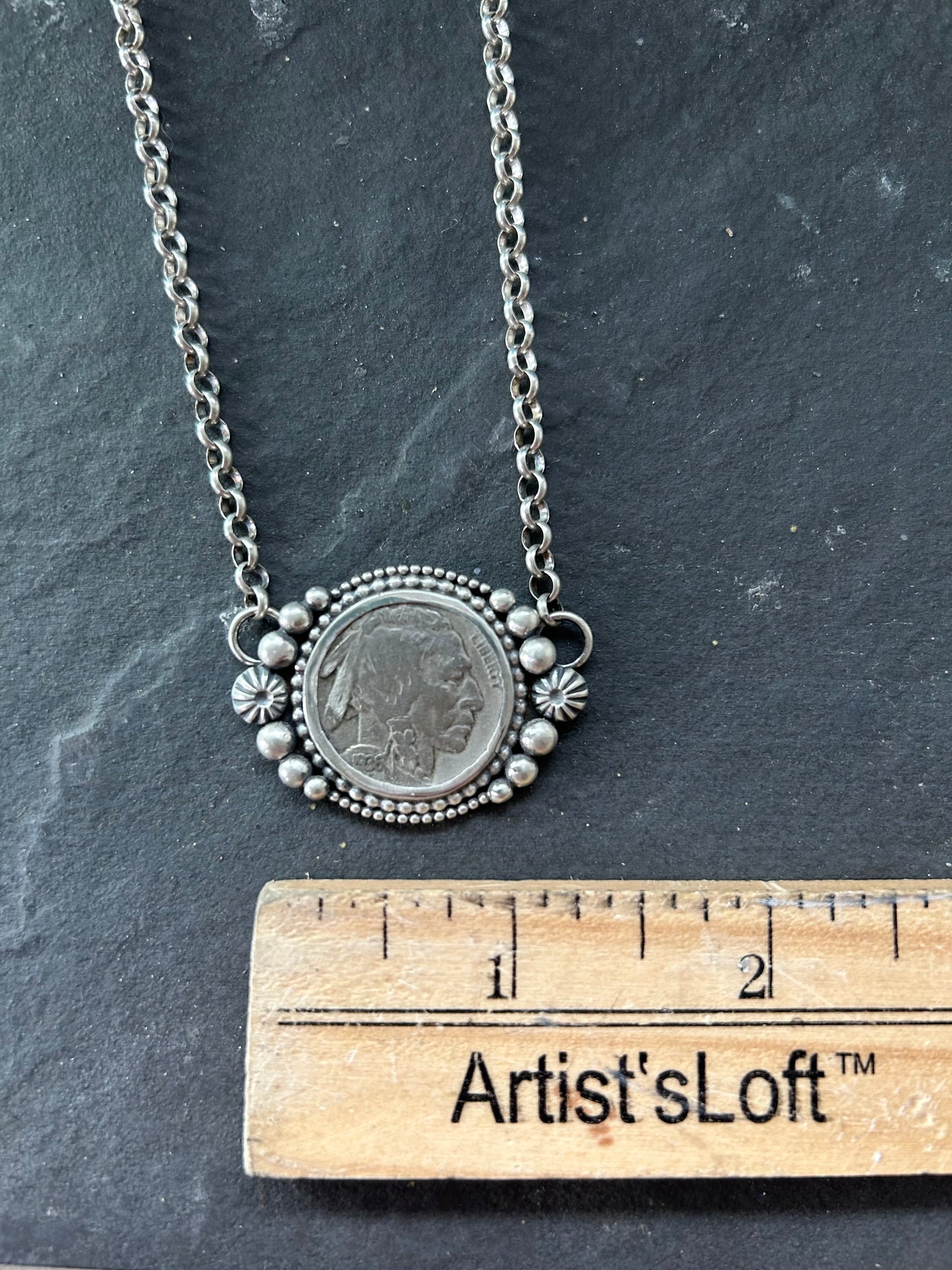 Sterling Silver + Vintage Buffalo Nickel 18" Fixed Chain Necklace Indian Side