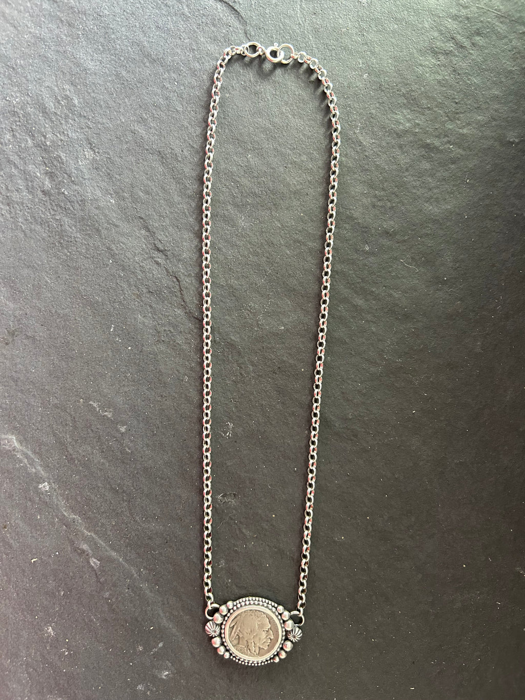 Sterling Silver + Vintage Buffalo Nickel 18" Fixed Chain Necklace Indian Side