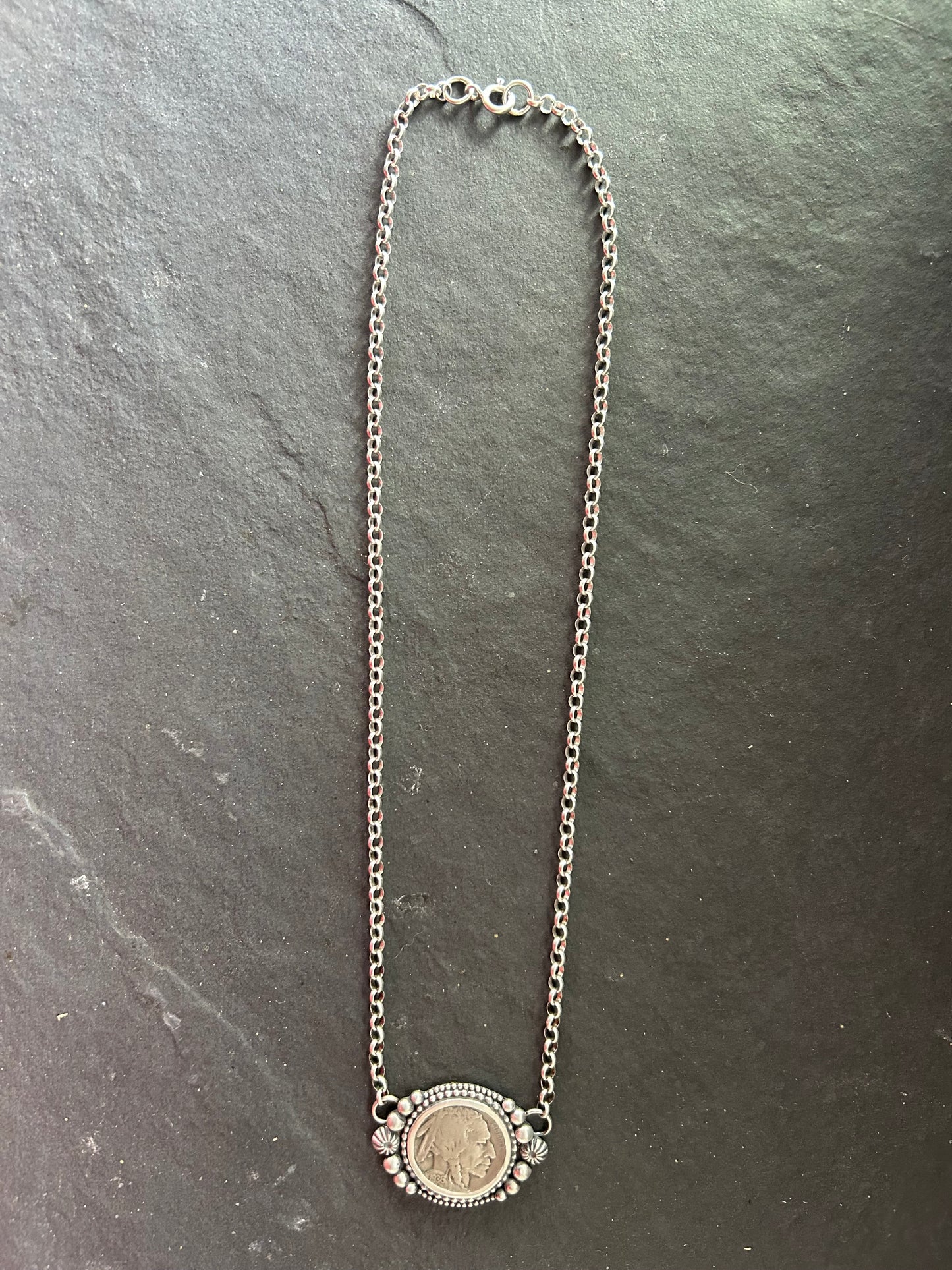 Sterling Silver + Vintage Buffalo Nickel 18" Fixed Chain Necklace Indian Side