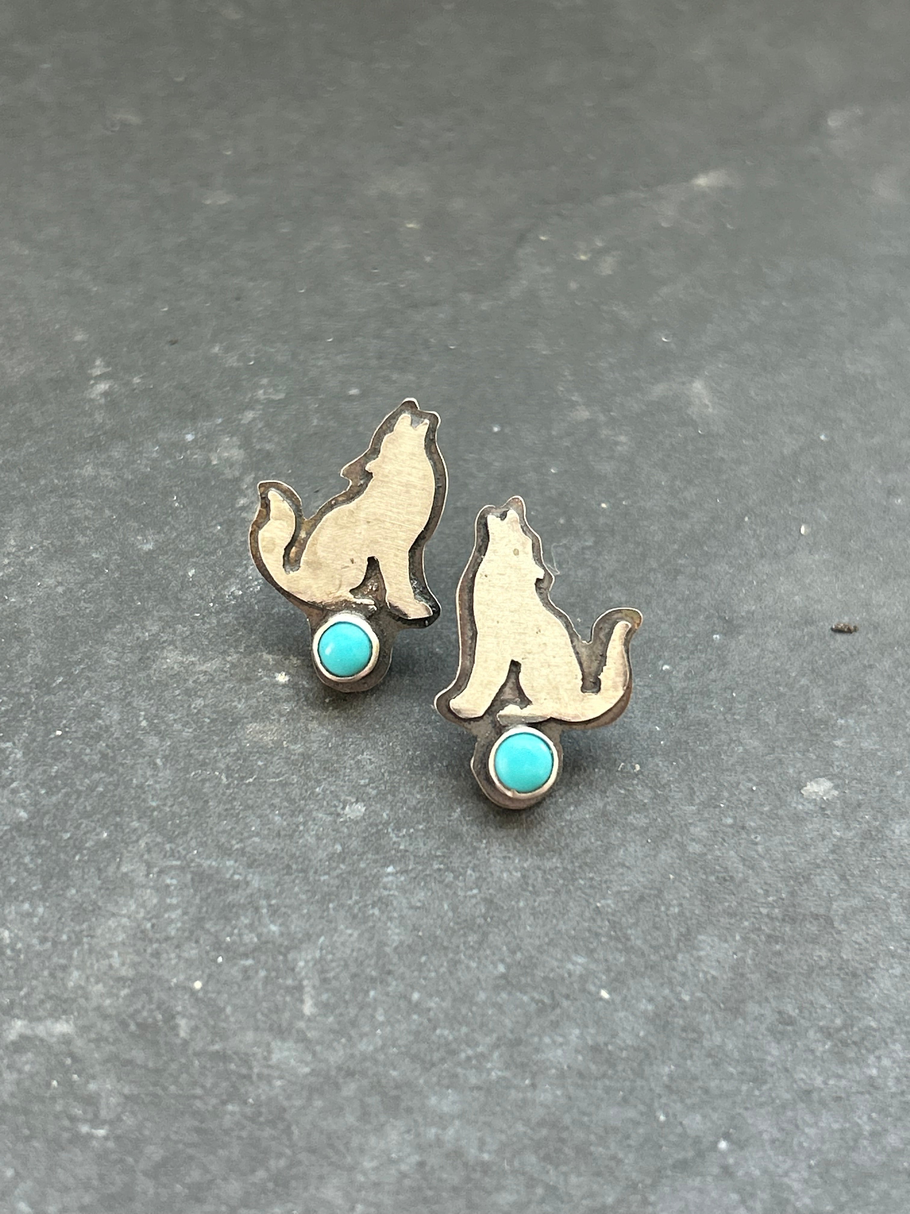 Kingman Turquoise Overlay Howling Wolf Stud Earrings