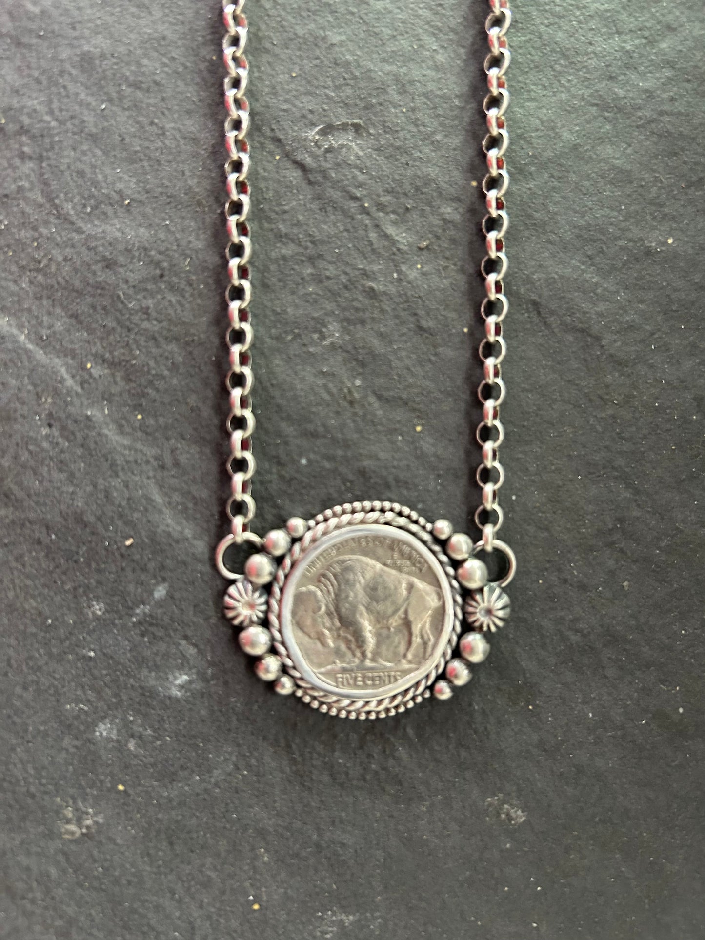Sterling Silver + Vintage Buffalo Nickel 18" Fixed Chain Necklace (Buffalo Side)