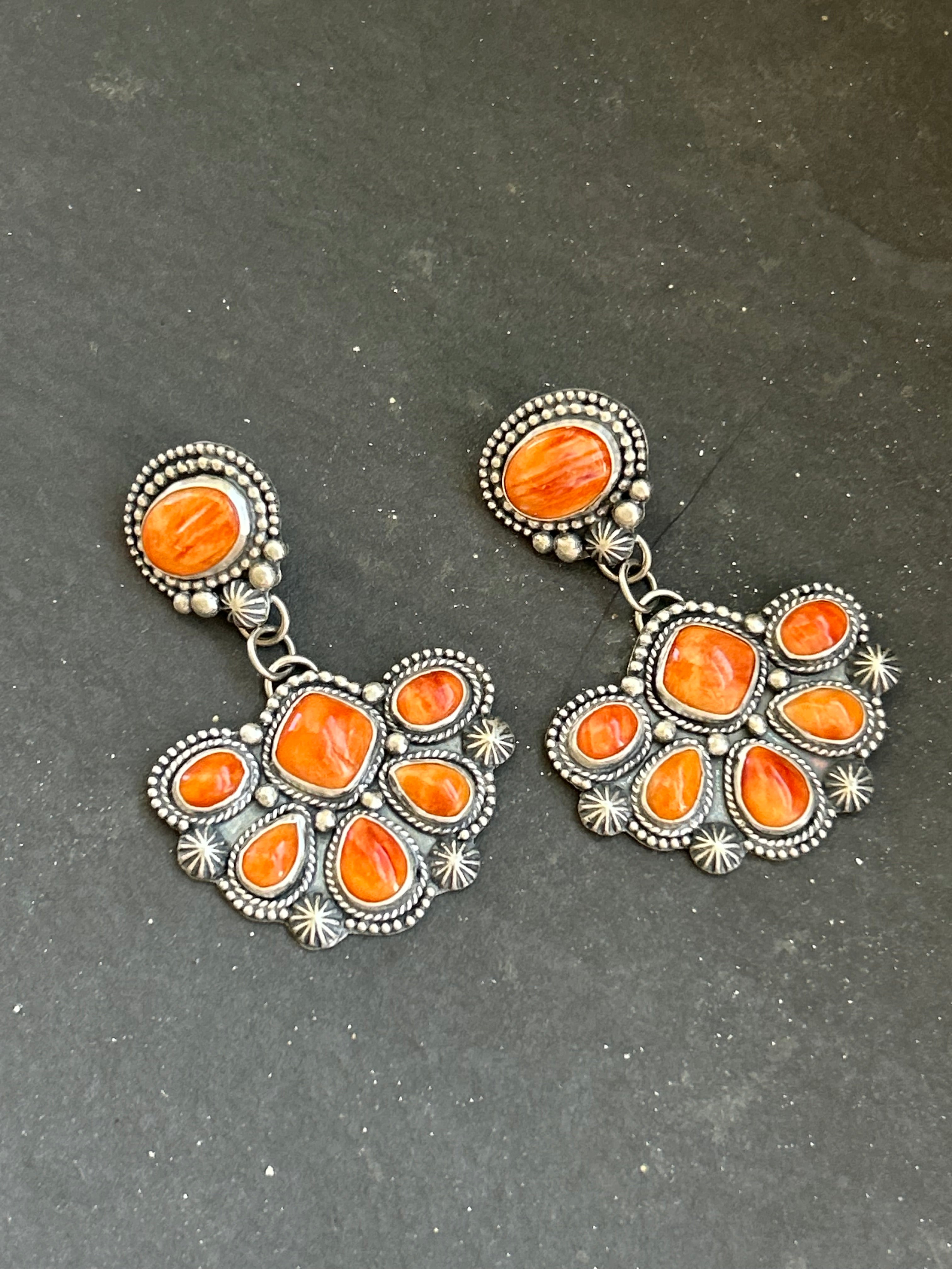 Orange Spiny Oyster Cluster Stud Earrings