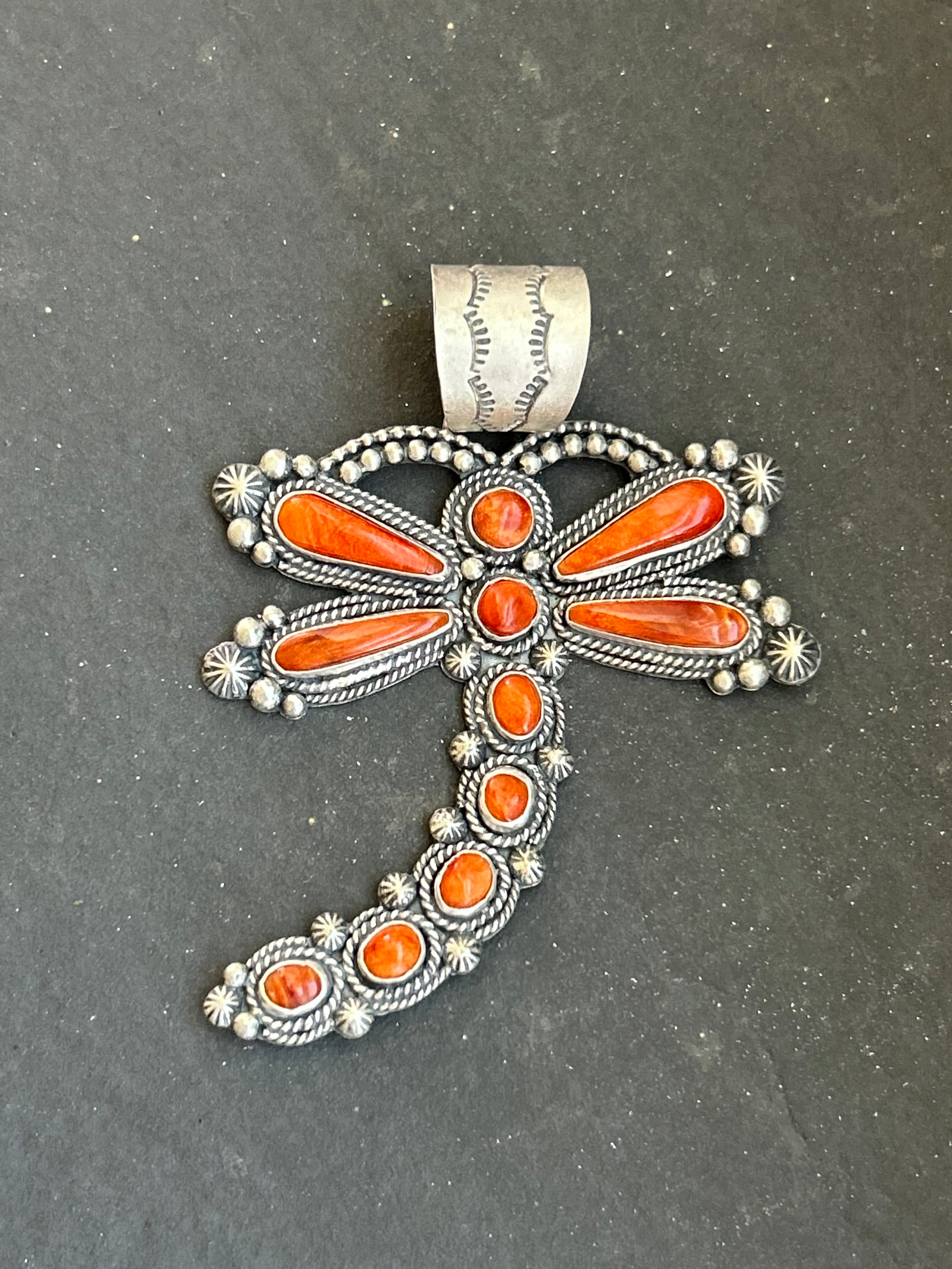 Orange Spiny Oyster Dragonfly Pendant
