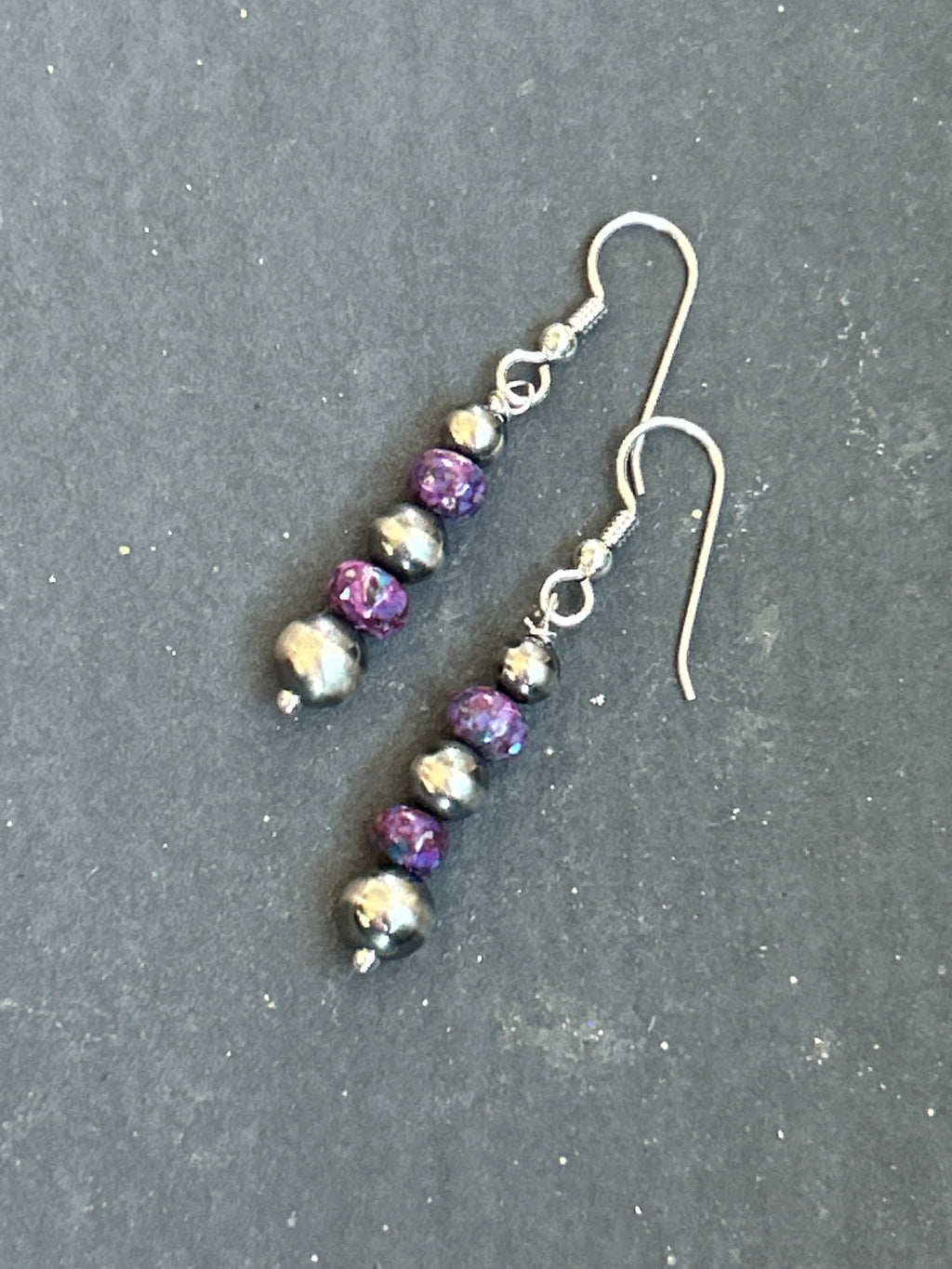 Purple Mohave Round Pearl Tapered Dangle Earrings Style #2