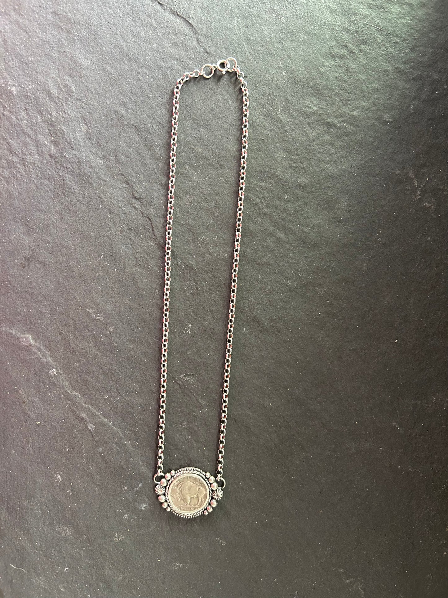 Sterling Silver + Vintage Buffalo Nickel 18" Fixed Chain Necklace (Buffalo Side)