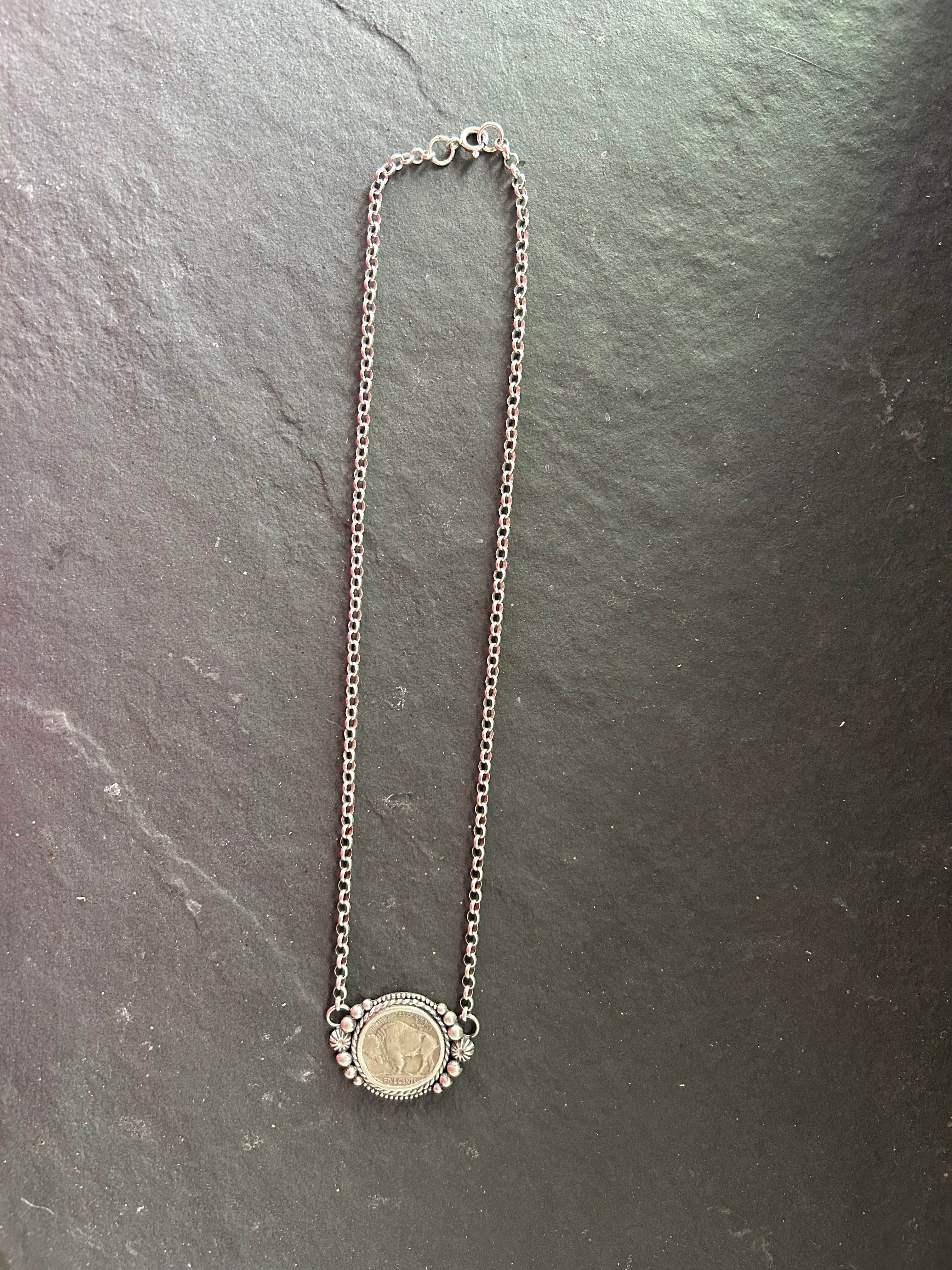 Sterling Silver + Vintage Buffalo Nickel 18" Fixed Chain Necklace (Buffalo Side)