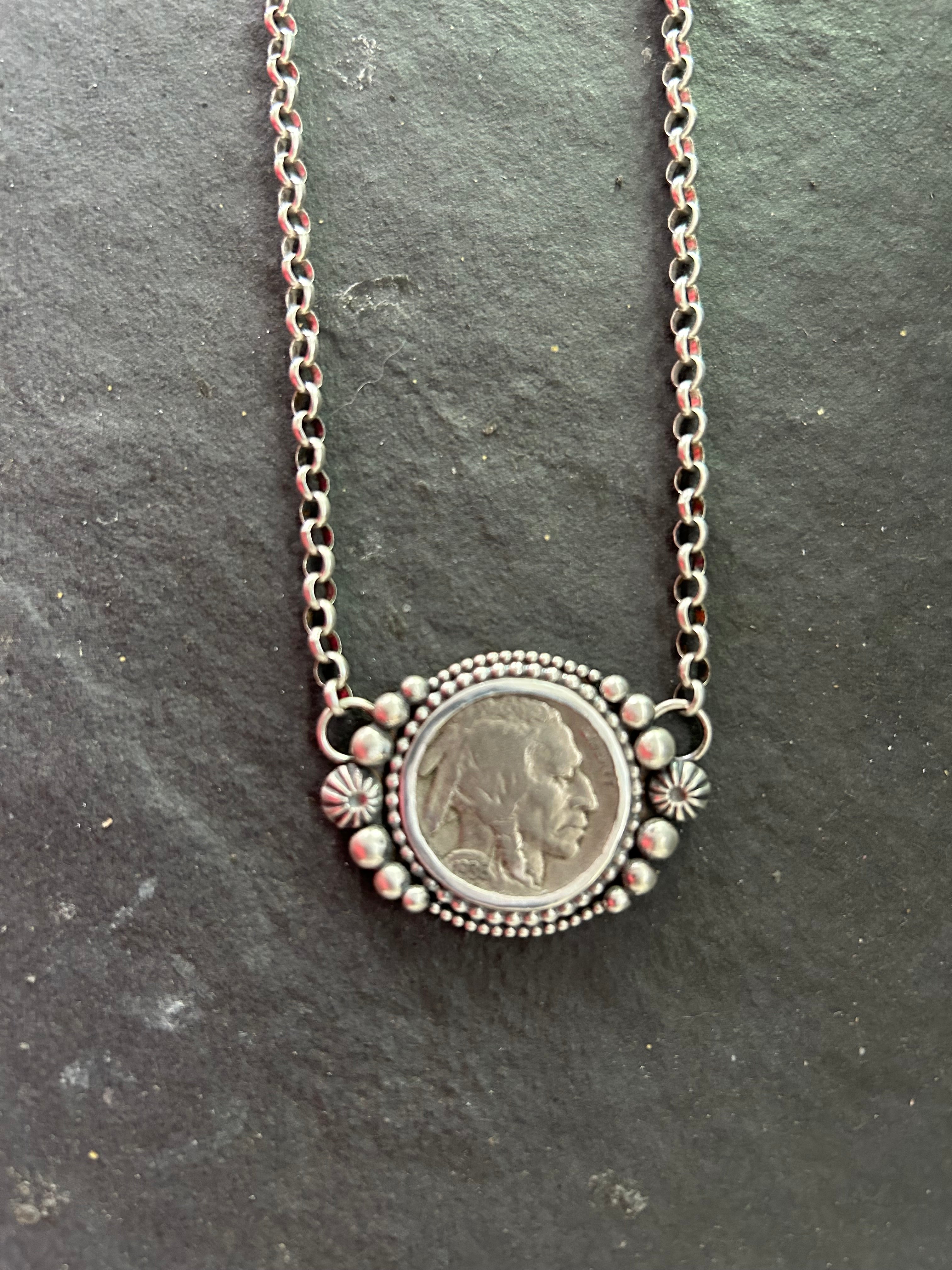 Sterling Silver + Vintage Buffalo Nickel 18" Fixed Chain Necklace Indian Side