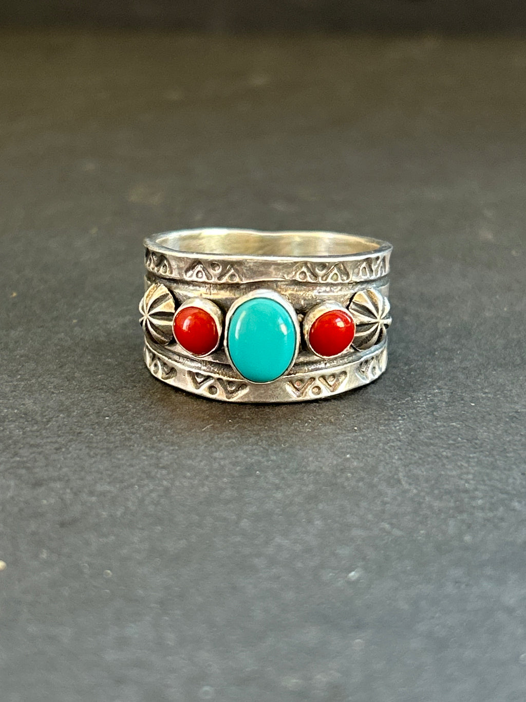Kingman Turquoise + Red Coral Cigar Band Ring