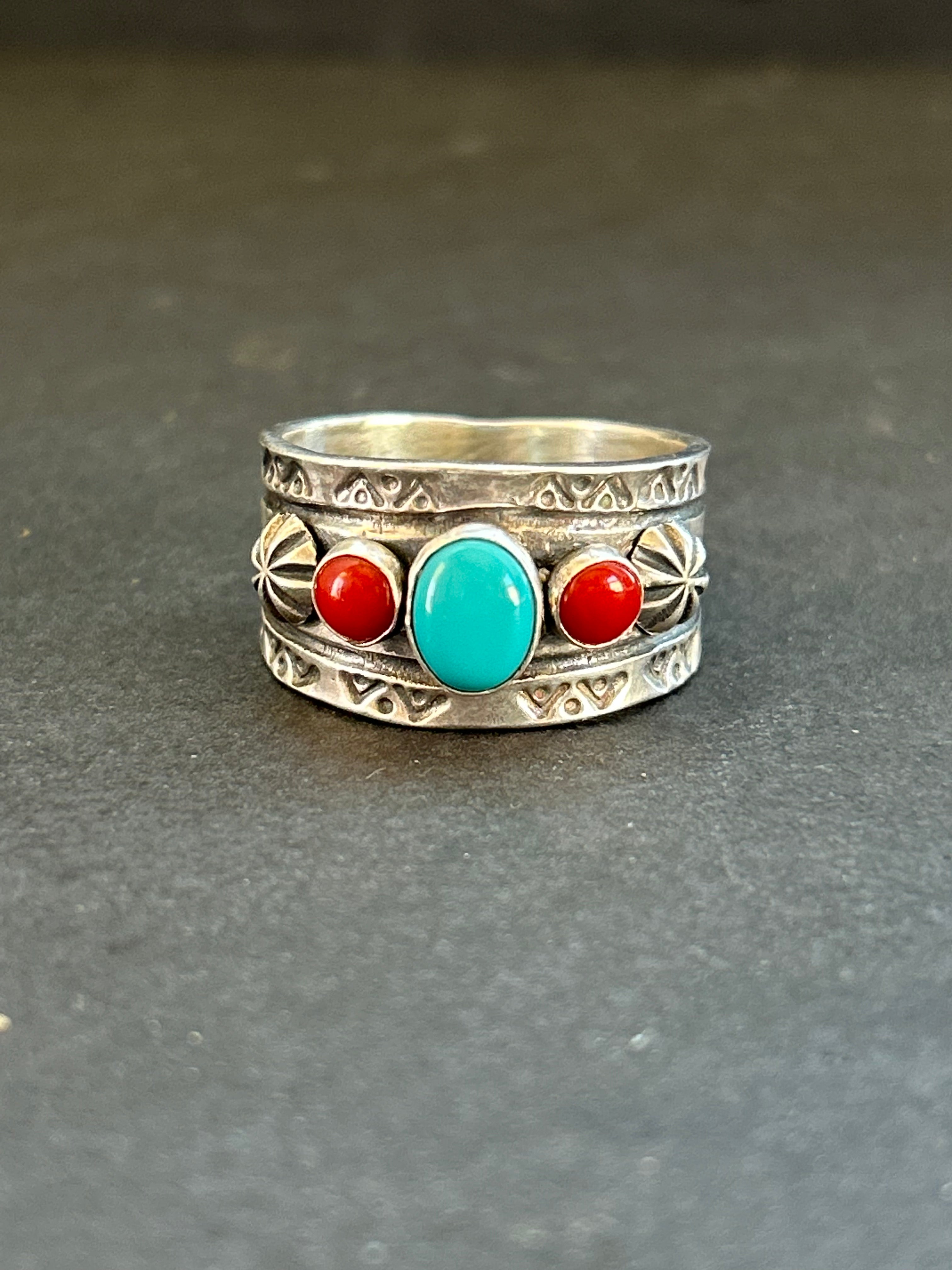 Kingman Turquoise + Red Coral Cigar Band Ring