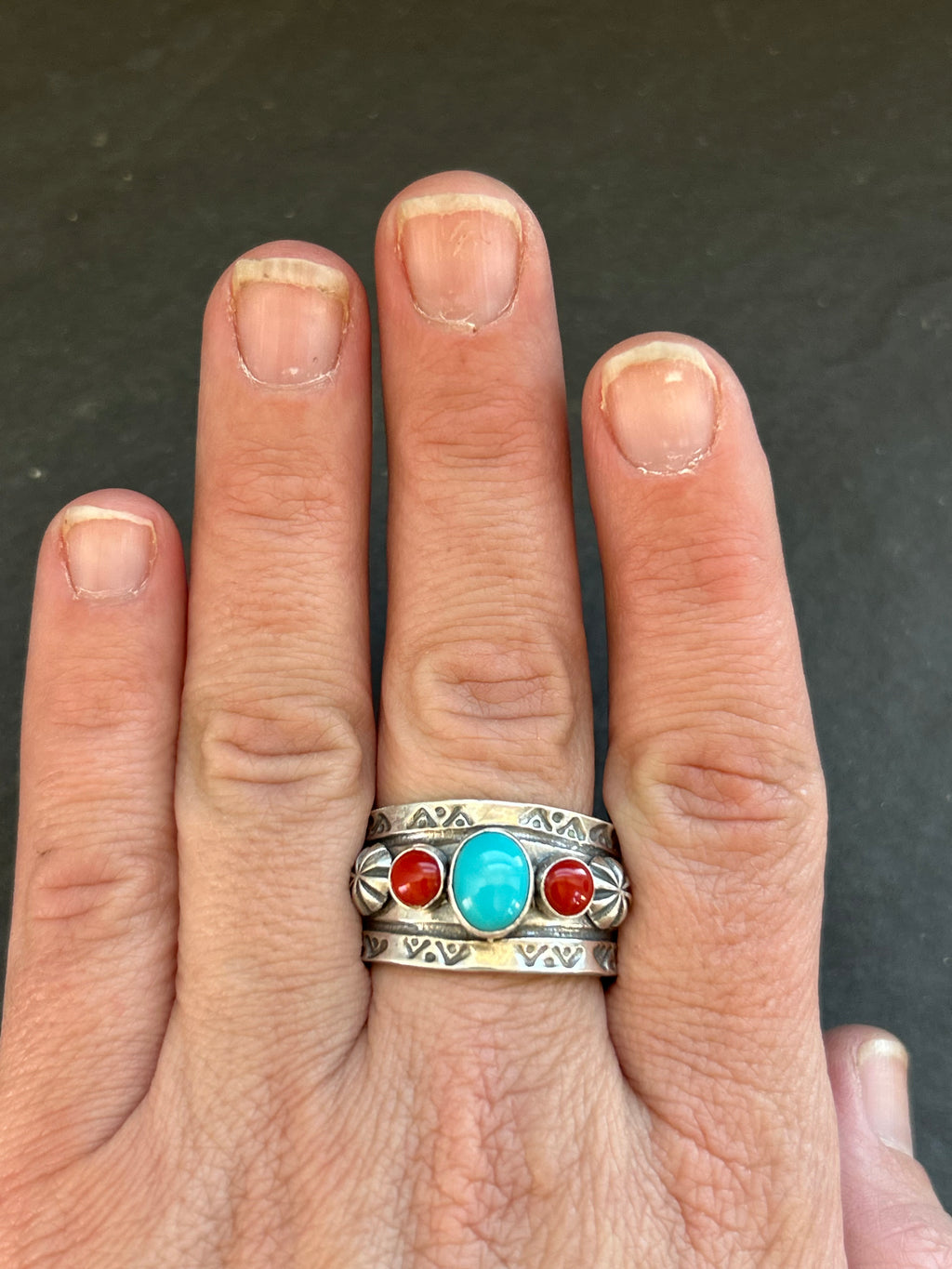 Kingman Turquoise + Red Coral Cigar Band Ring
