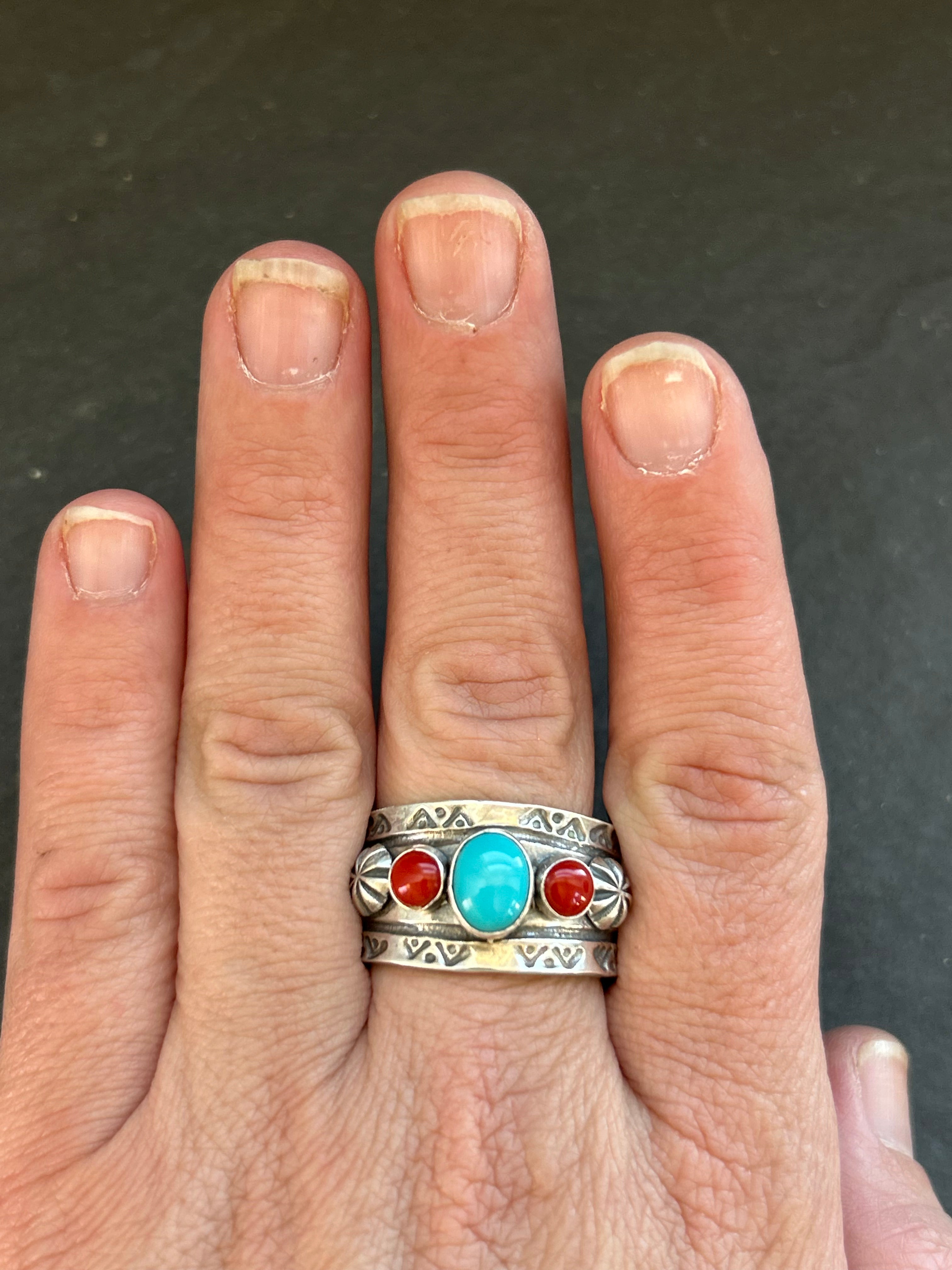 Kingman Turquoise + Red Coral Cigar Band Ring