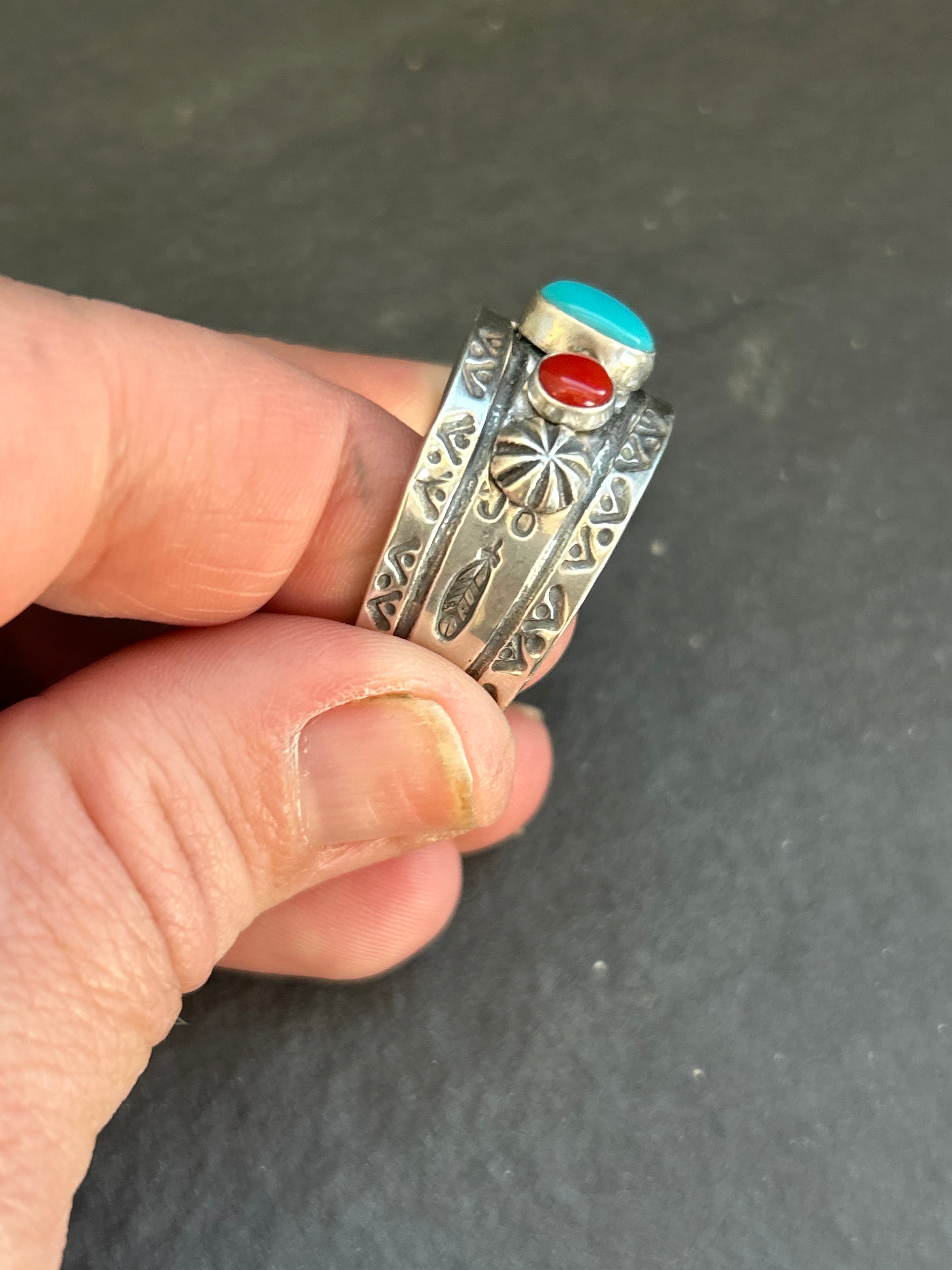 Kingman Turquoise + Red Coral Cigar Band Ring