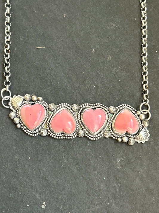 4-Stone Pink Conch Heart Bar Necklace
