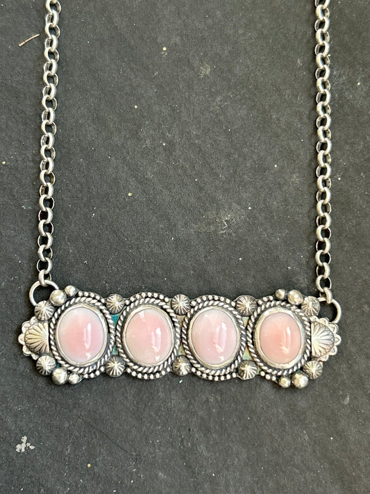4-Stone Pink Conch Oval Bar Necklace