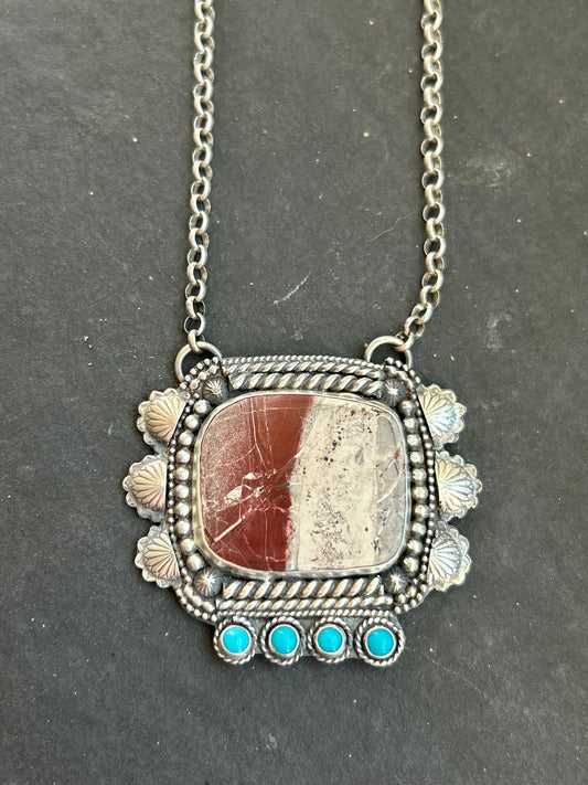 Red Buffalo + Kingman Turquoise Bar Necklace