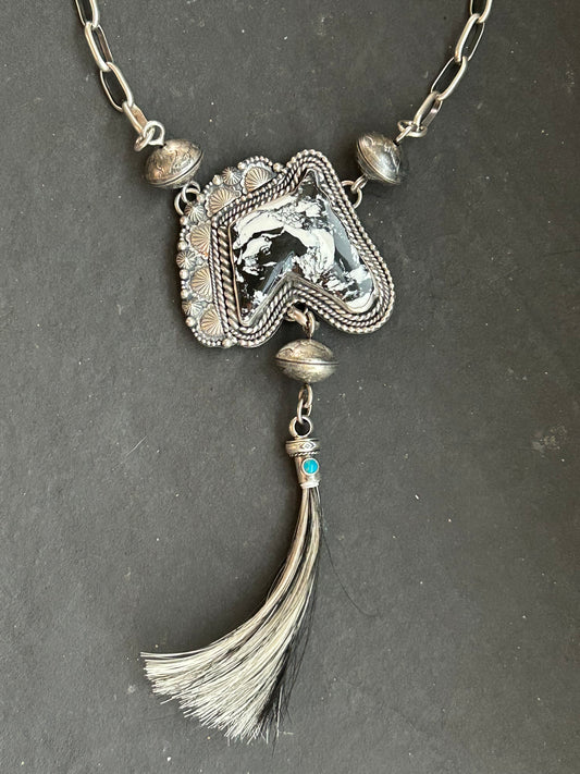 White Buffalo + Kingman Turquoise Horse Hair Blossom Necklace
