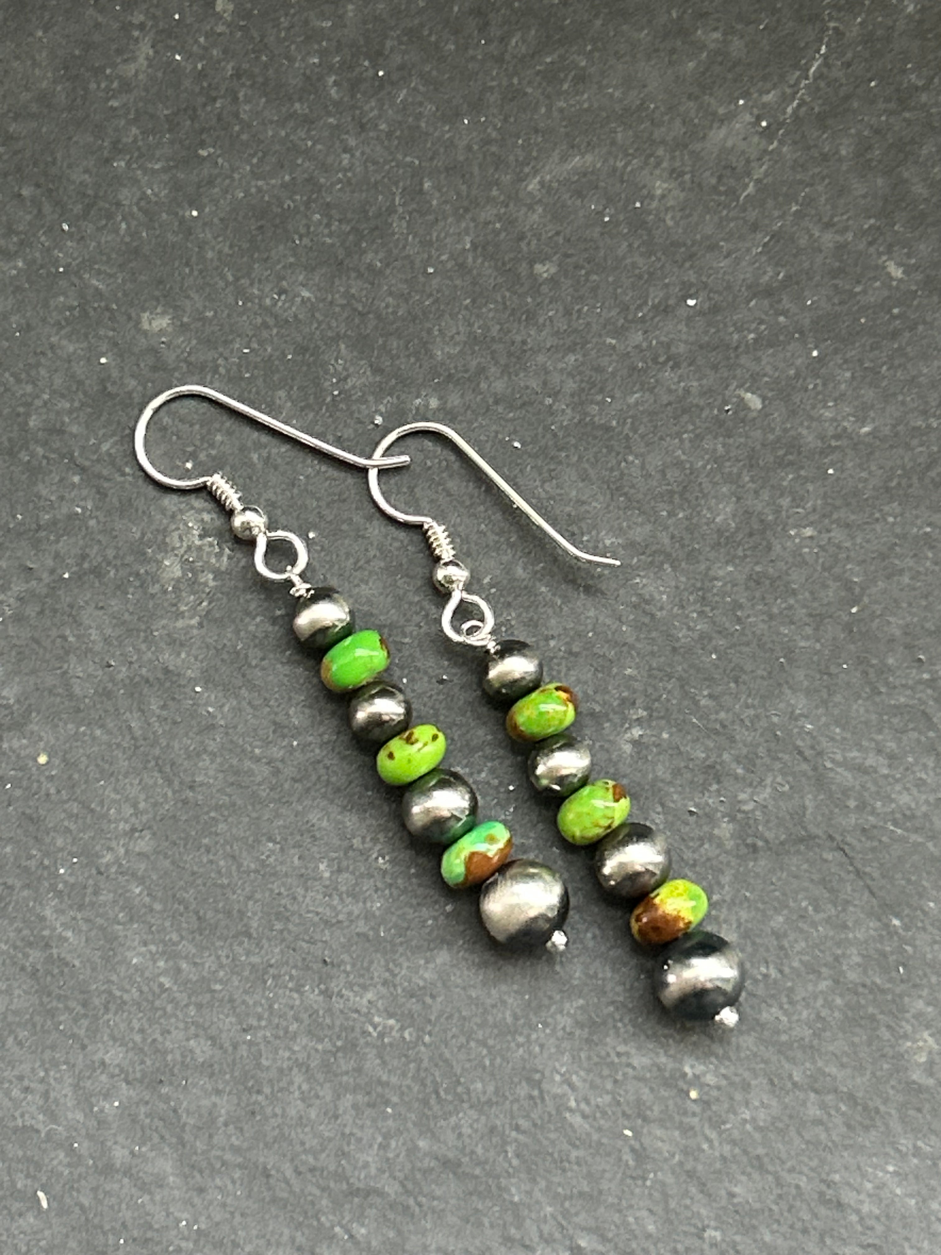 Green Mohave Tapered Round Pearl Dangle Earrings Style #1