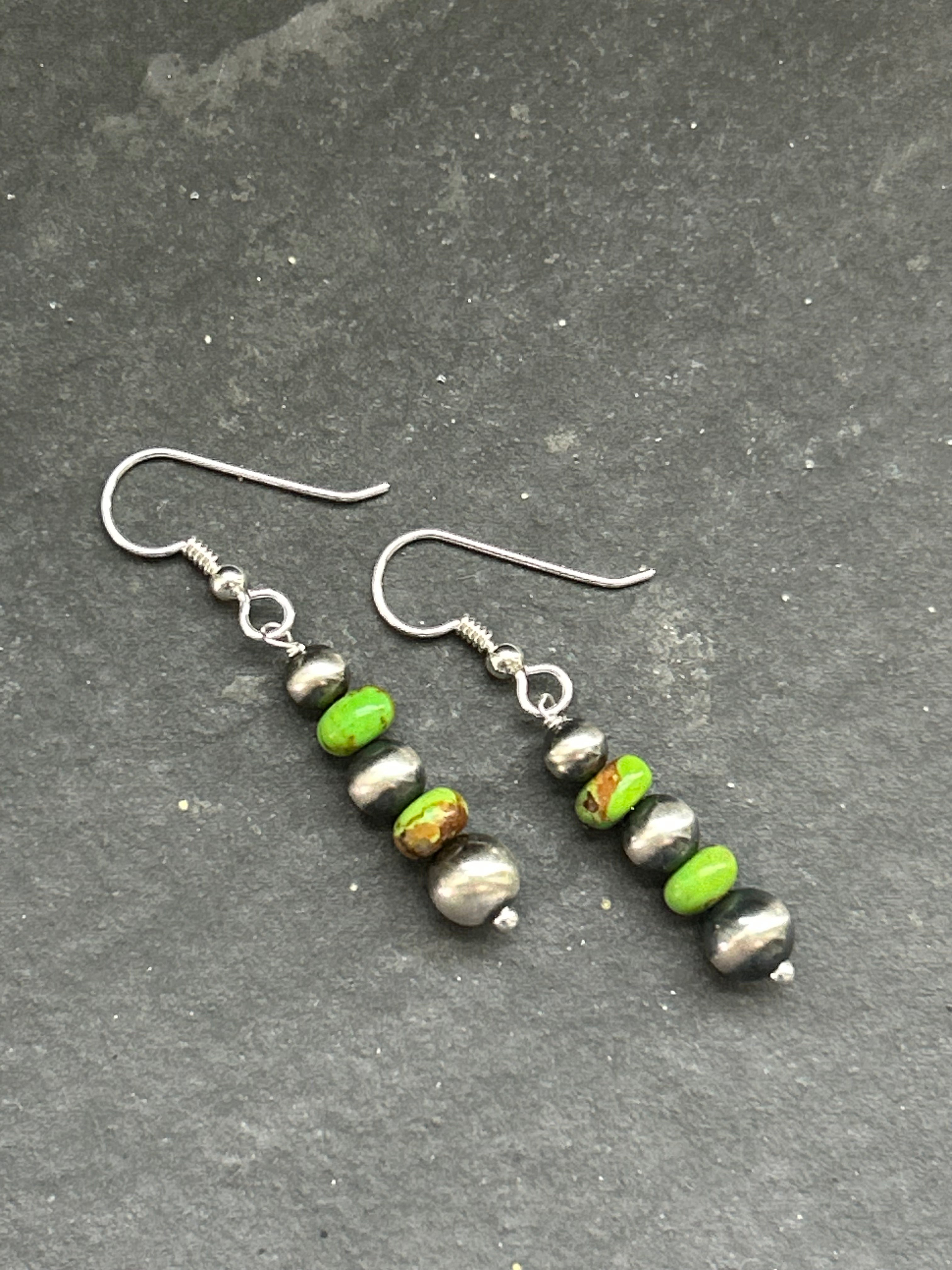 Green Mohave Tapered Round Pearl Dangle Earrings Style #2