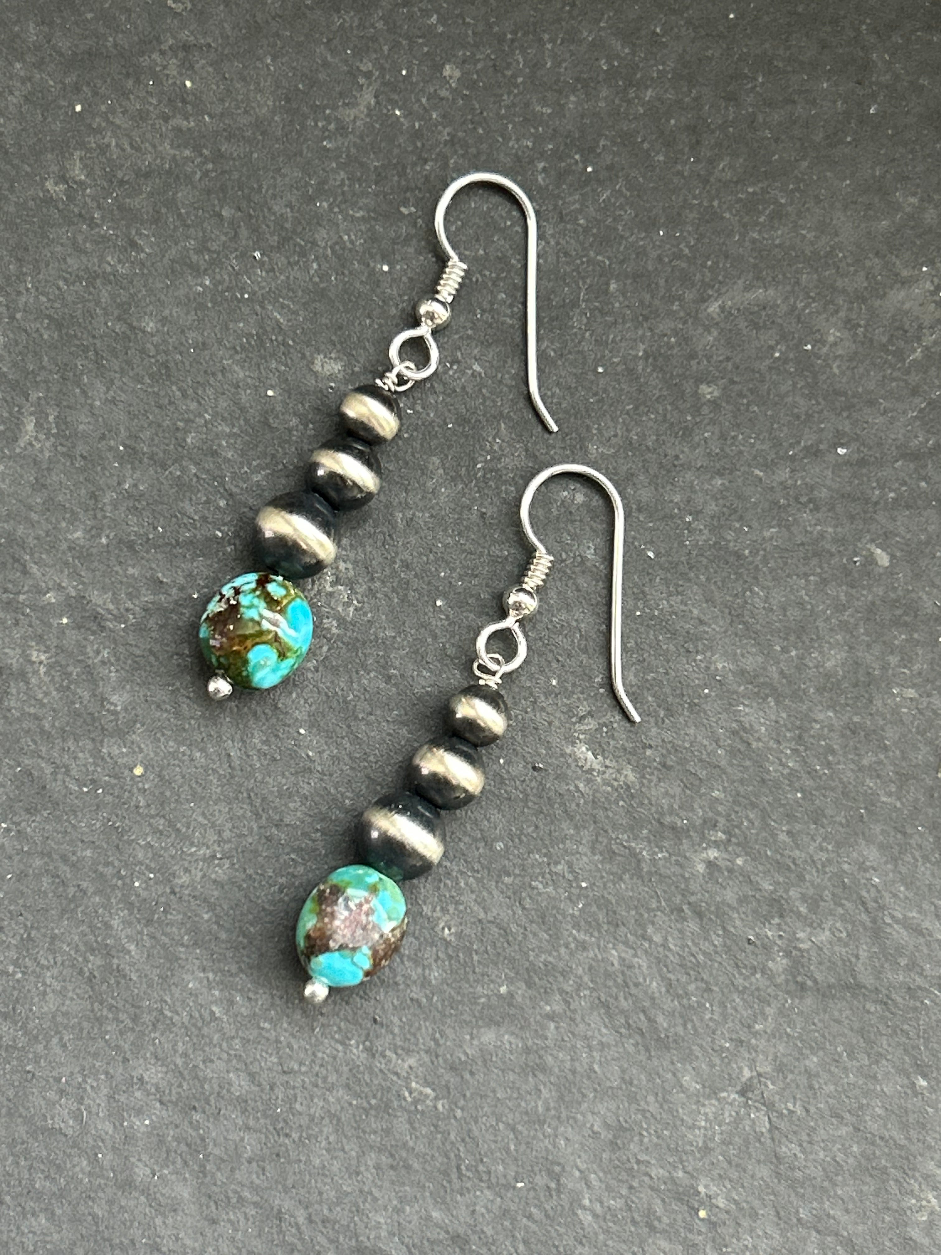 Spiderweb Kingman Round Pearl Tapered Dangle Earrings