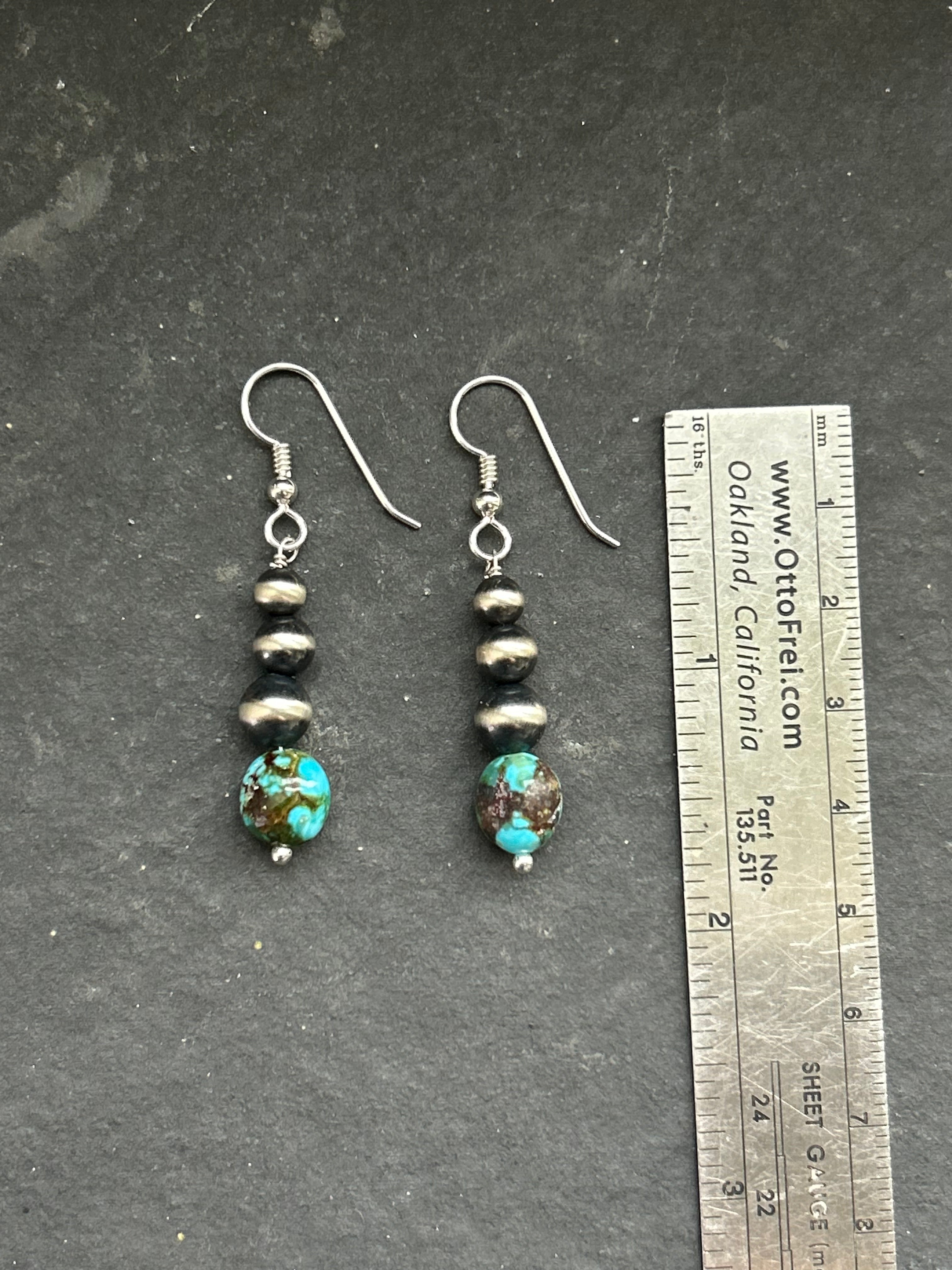 Spiderweb Kingman Round Pearl Tapered Dangle Earrings