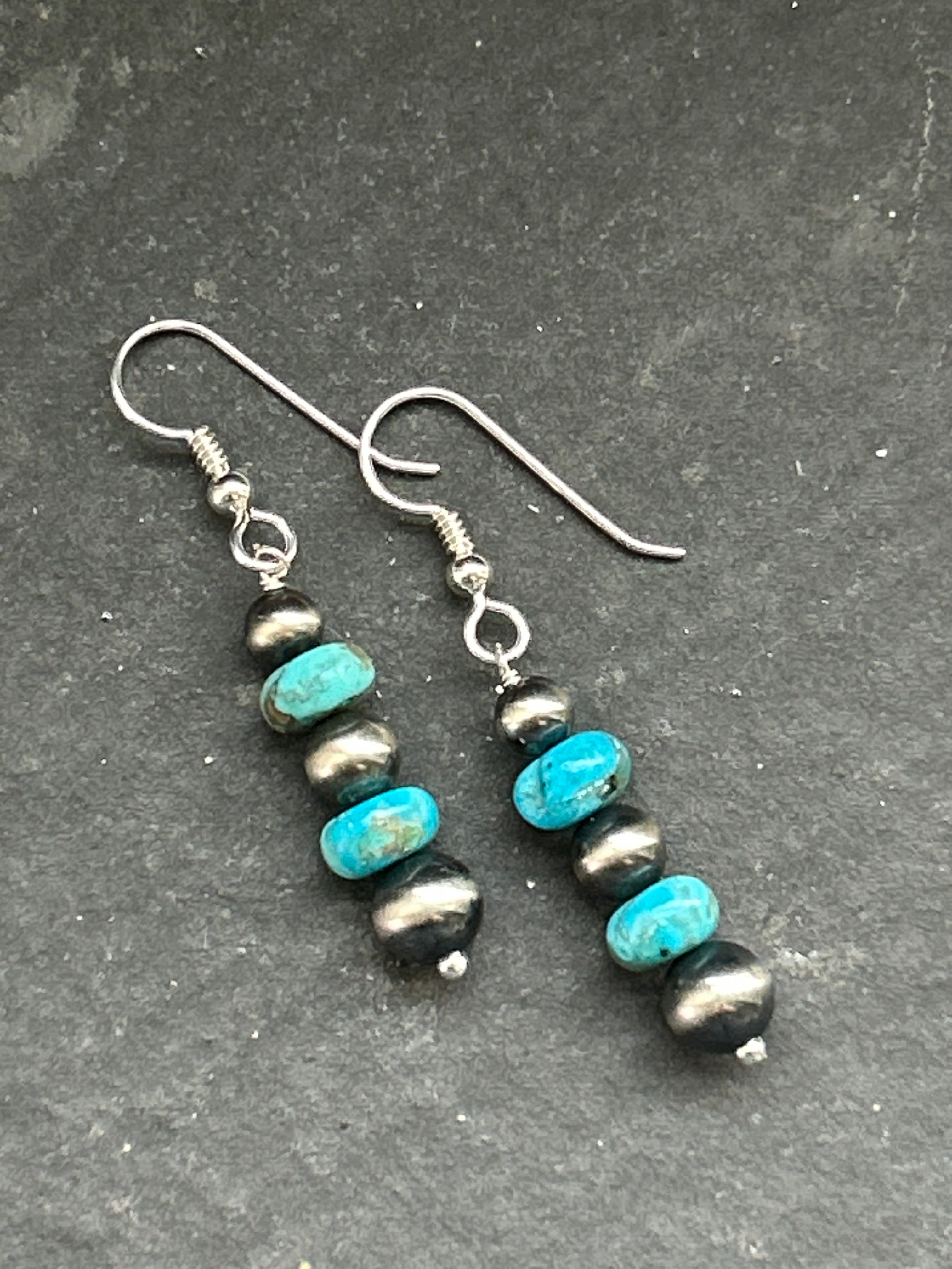 Neon Blue Wrangler Round Pearl Tapered Dangle Earrings