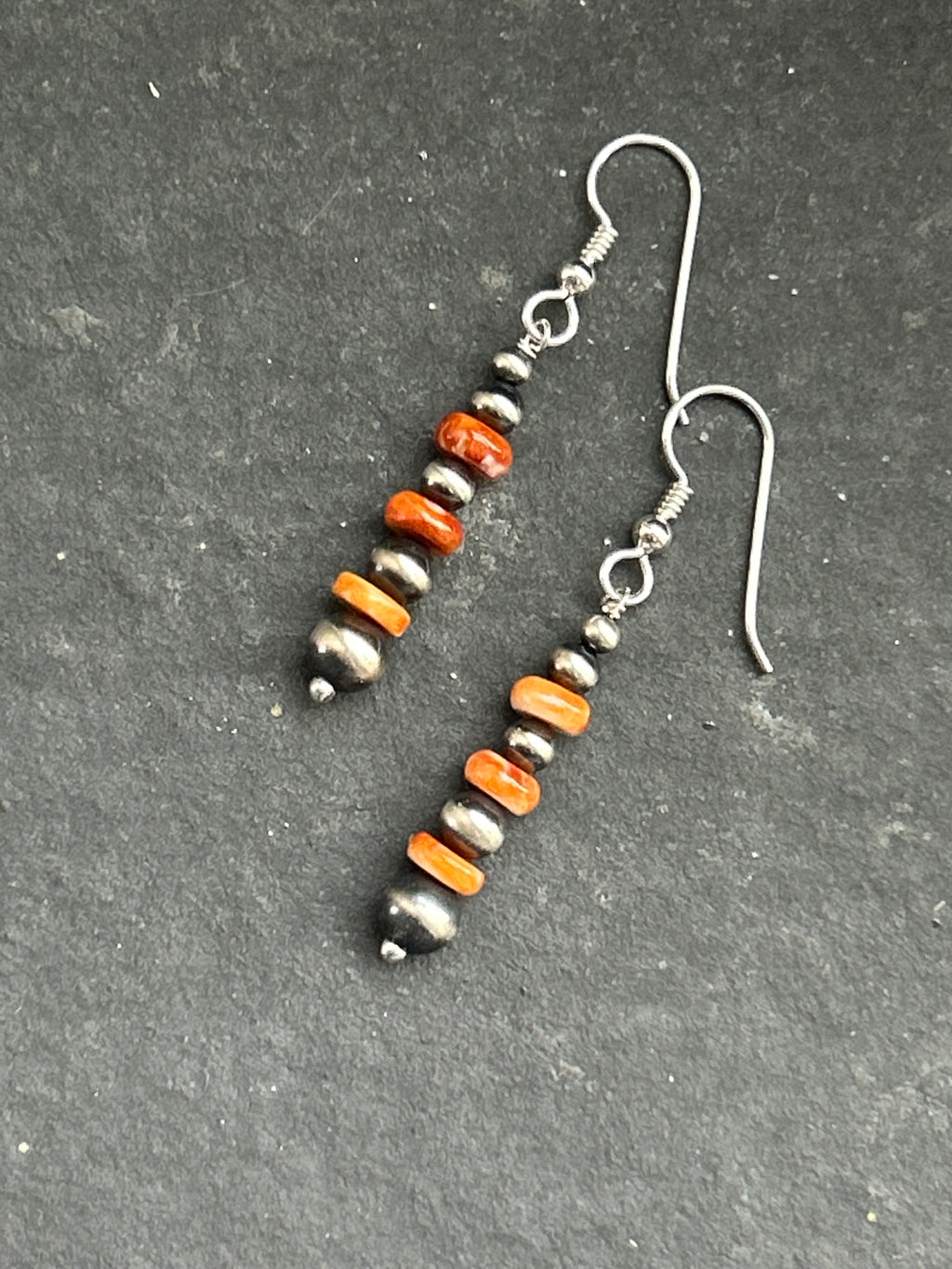 Orange Spiny Oyster Tapered Round Pearl Dangle Earrings Style #1