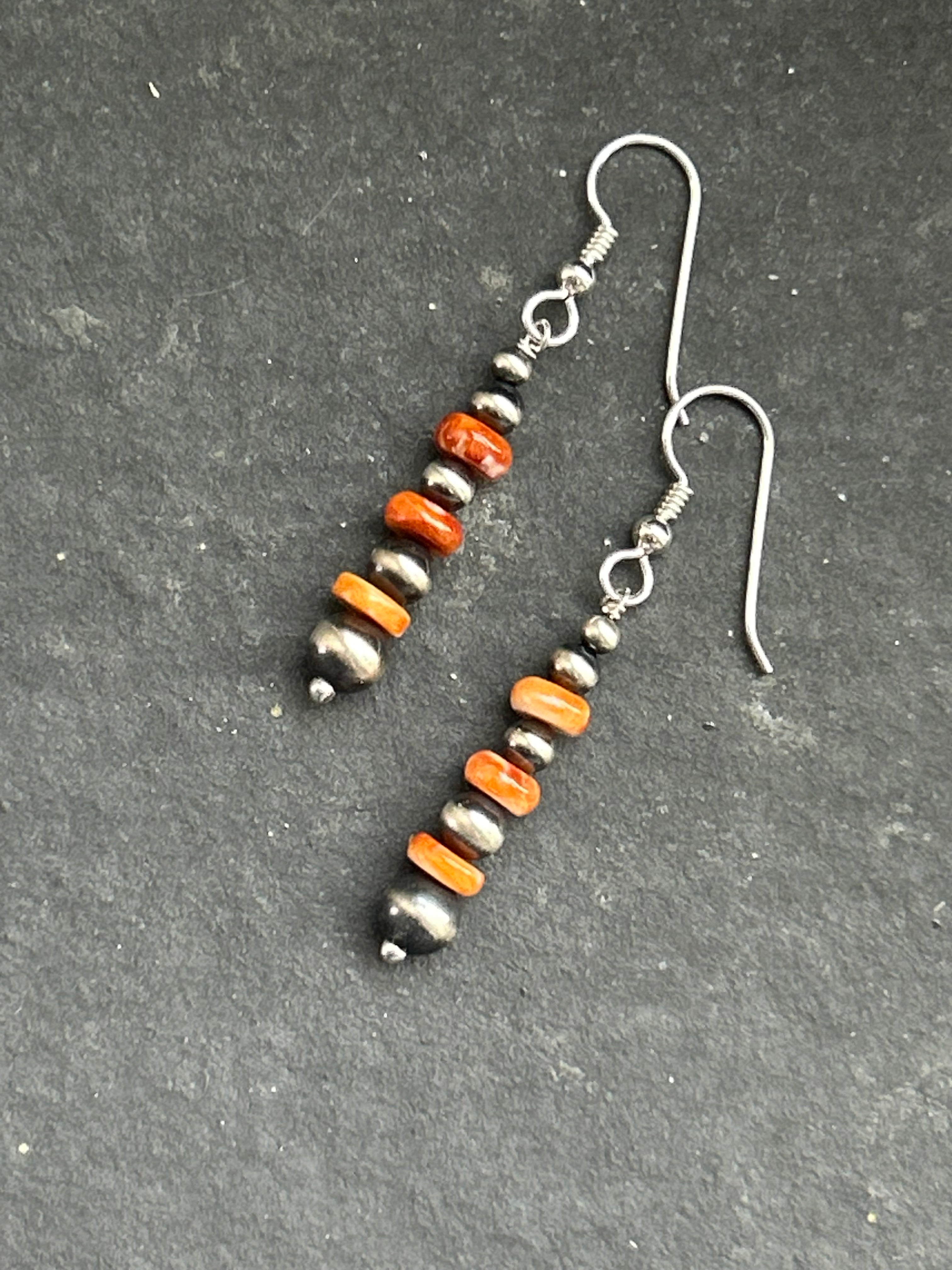 Orange Spiny Oyster Tapered Round Pearl Dangle Earrings Style #1