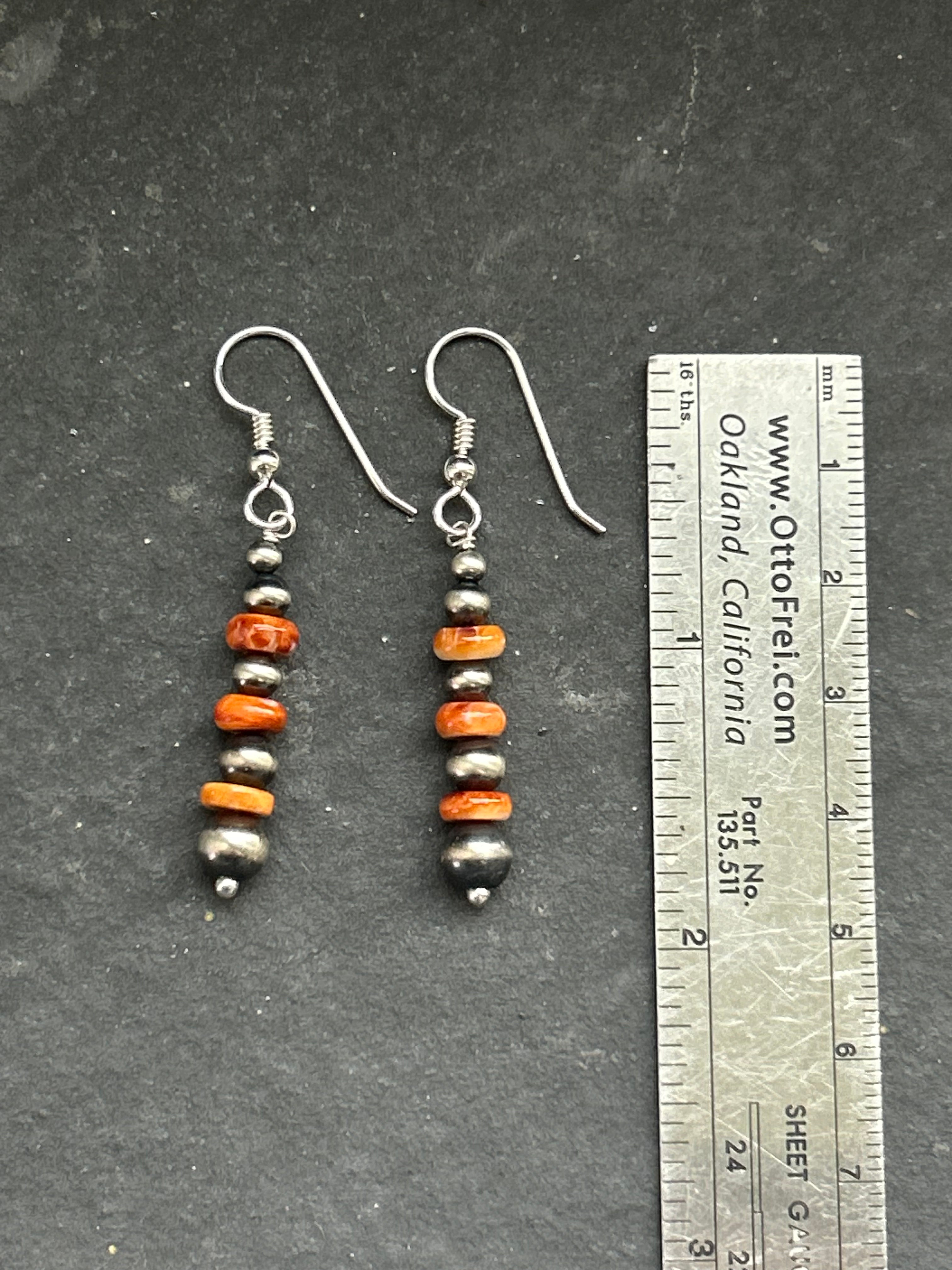 Orange Spiny Oyster Tapered Round Pearl Dangle Earrings Style #1