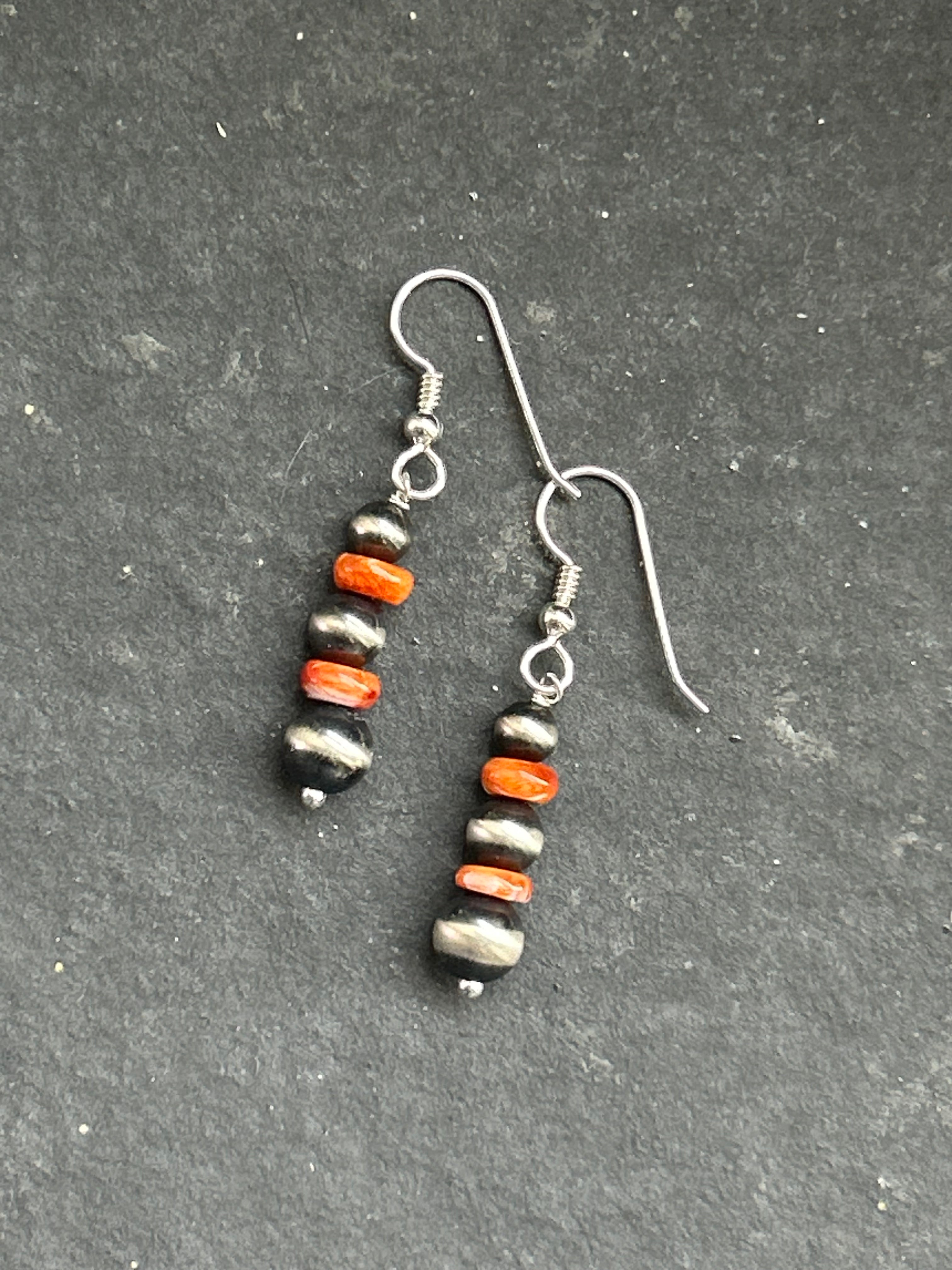Orange Spiny Oyster Tapered Round Pearl Dangle Earrings Style #2