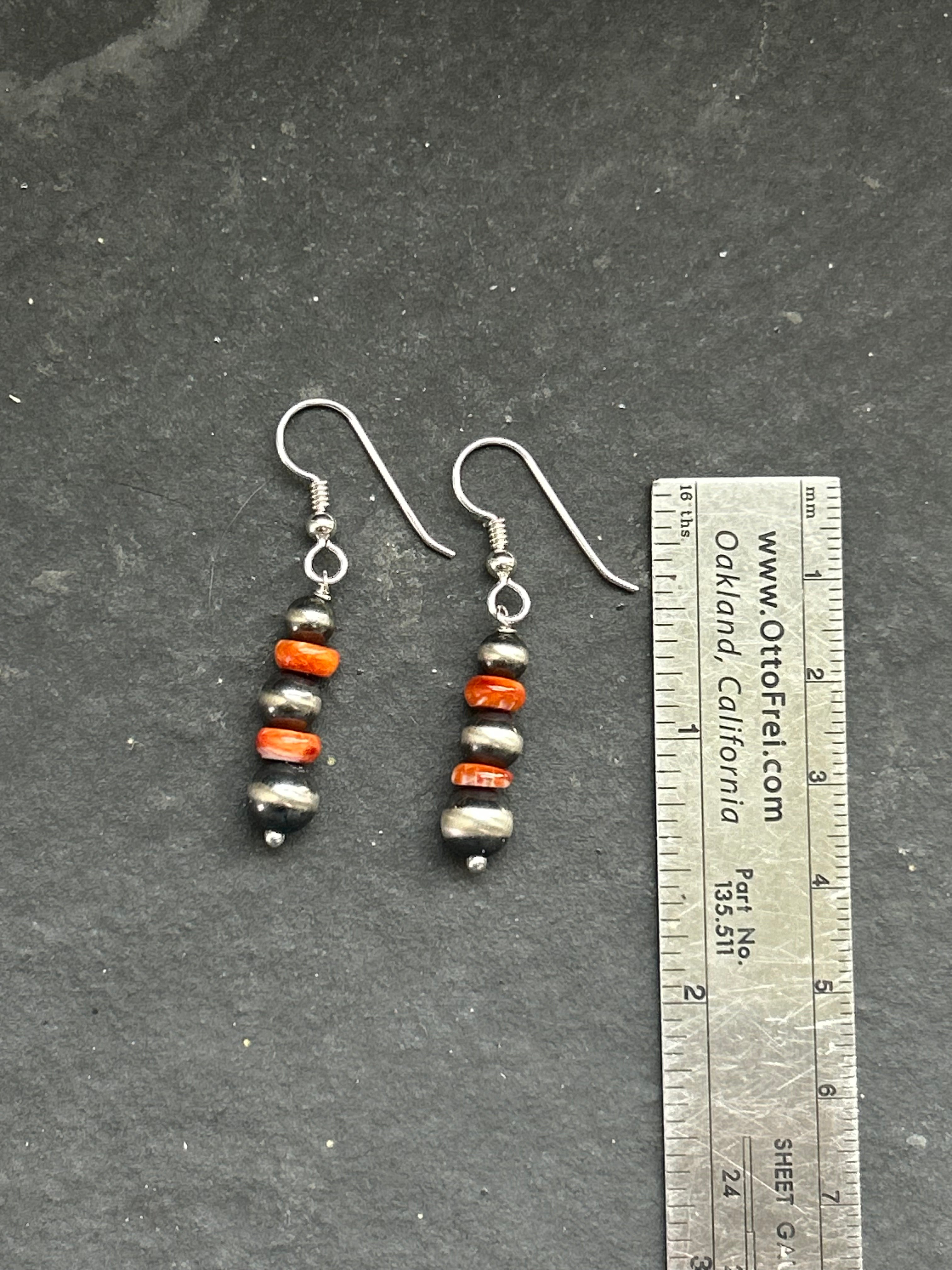 Orange Spiny Oyster Tapered Round Pearl Dangle Earrings Style #2