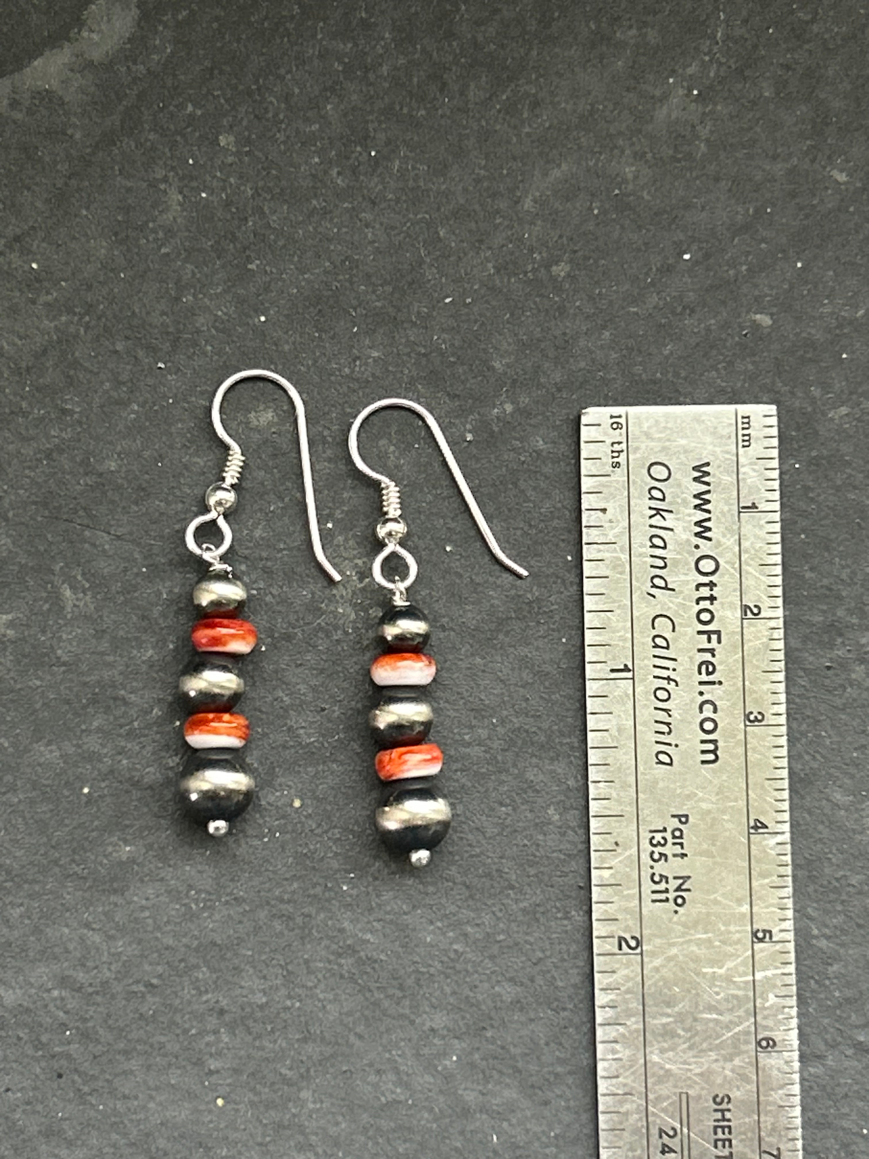 Red Spiny Oyster Tapered Round Pearl Dangle Earrings Style #2