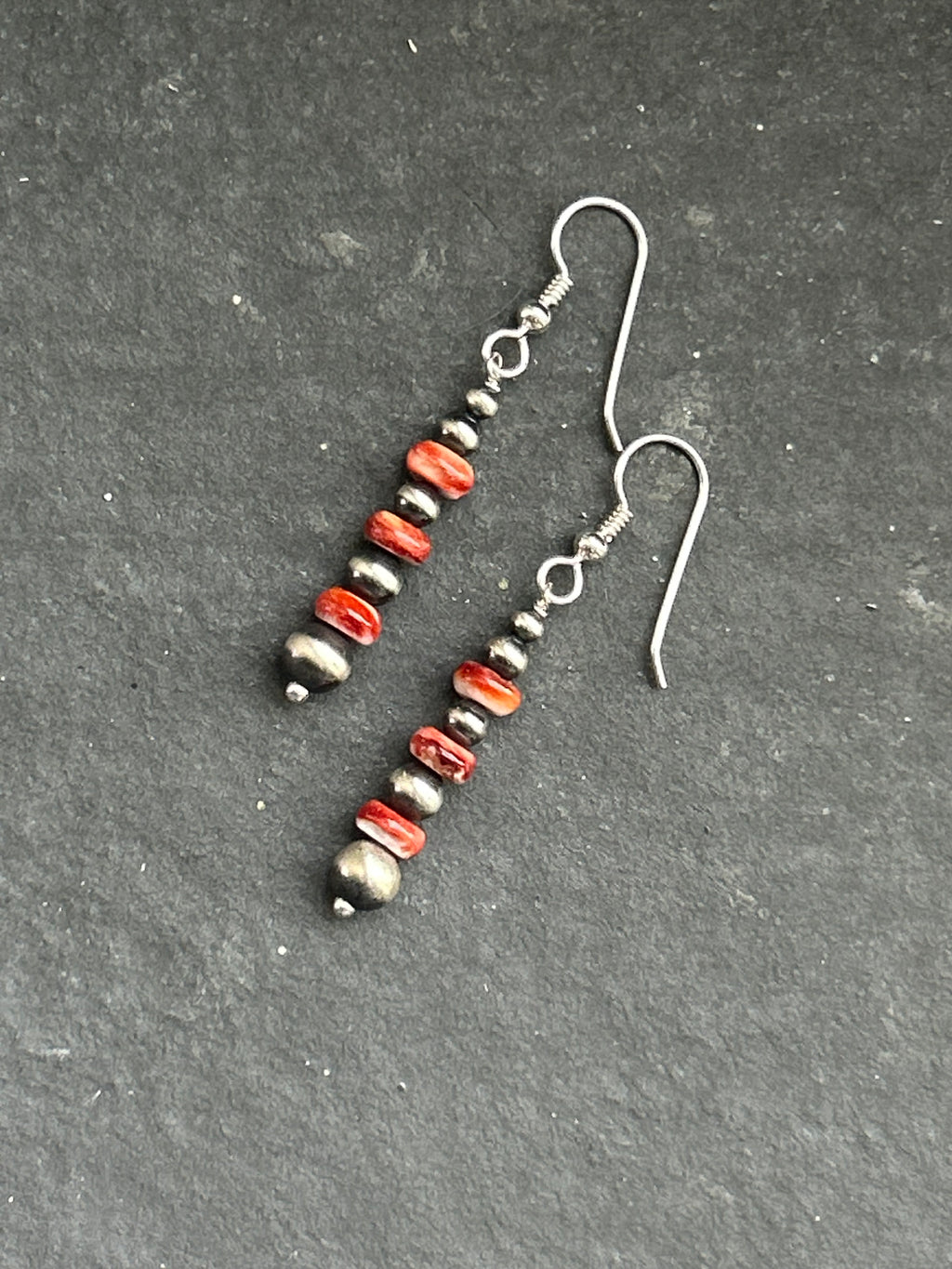 Red Spiny Oyster Tapered Round Pearl Dangle Earrings Style #1