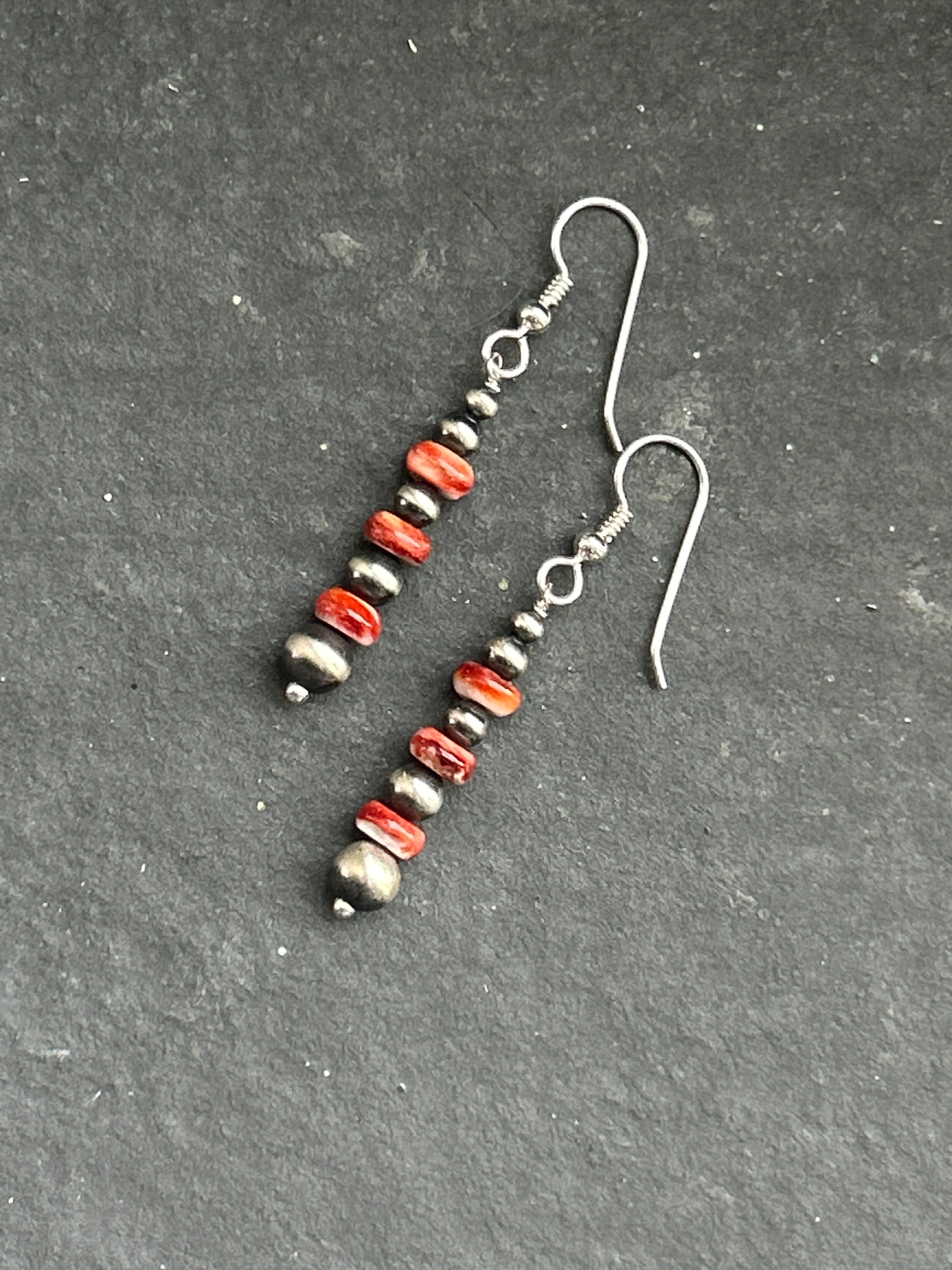 Red Spiny Oyster Tapered Round Pearl Dangle Earrings Style #1