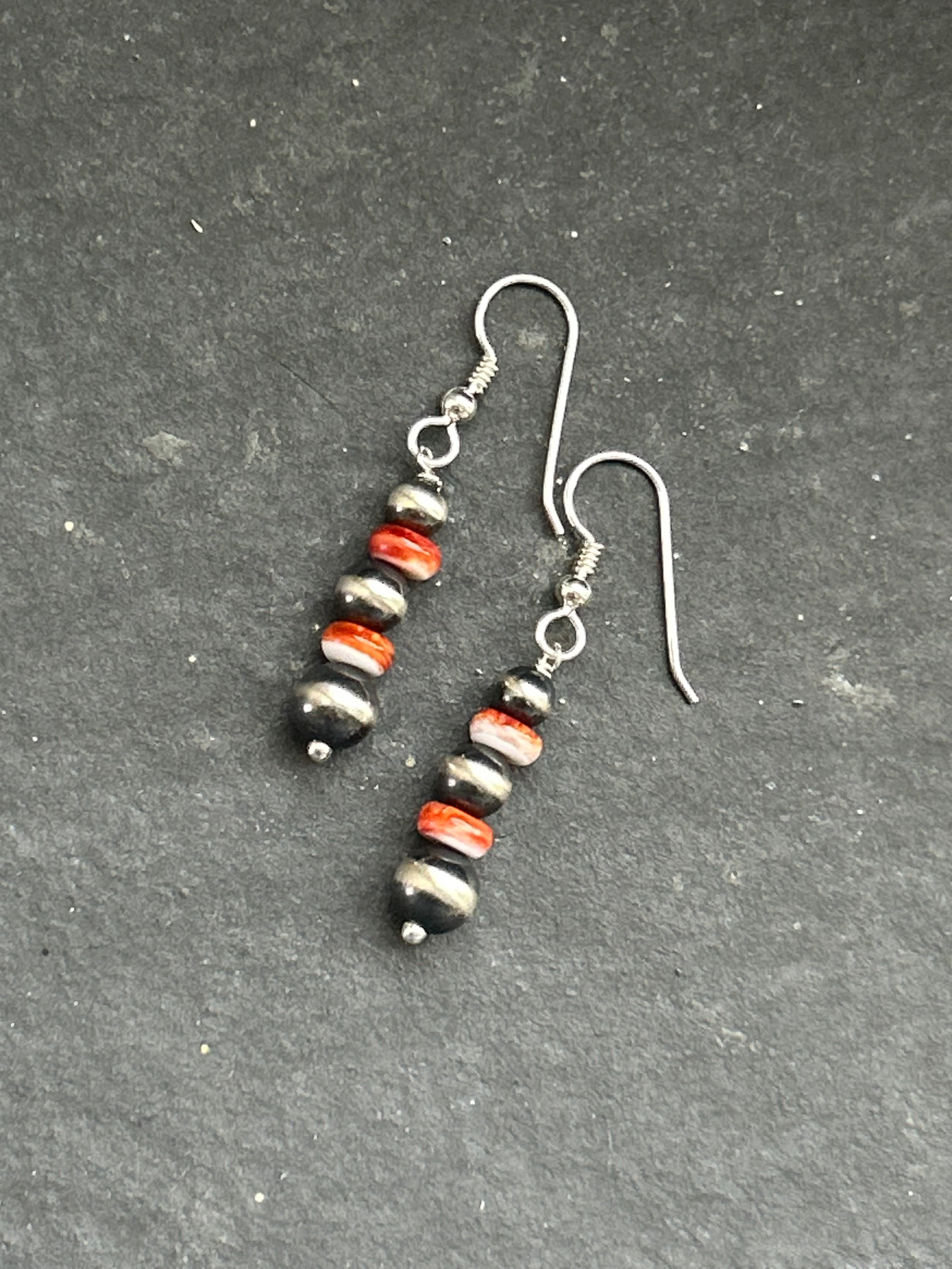 Red Spiny Oyster Tapered Round Pearl Dangle Earrings Style #2
