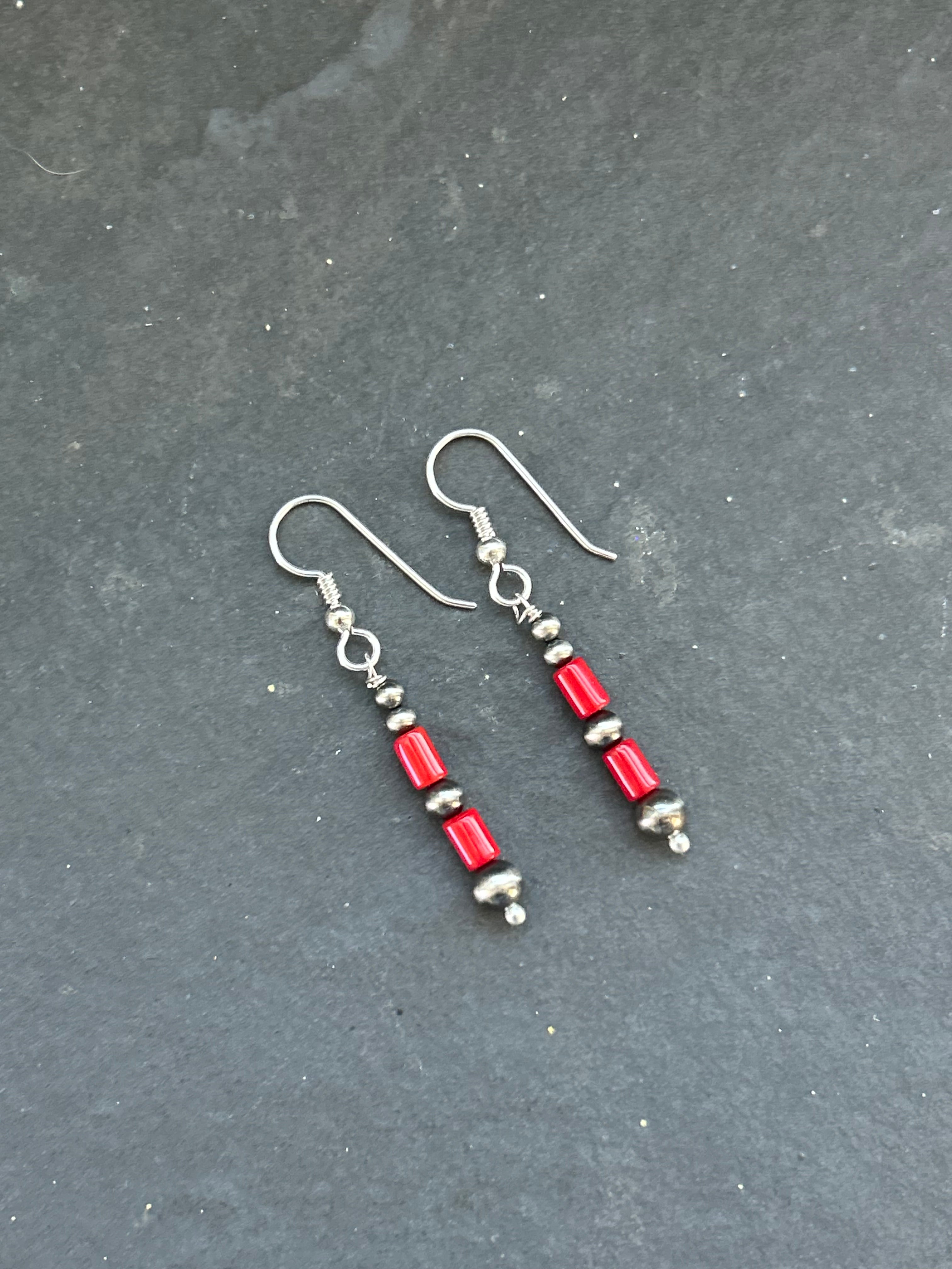 Mediterranean Red Coral Tapered Round Pearl Dangle Earrings