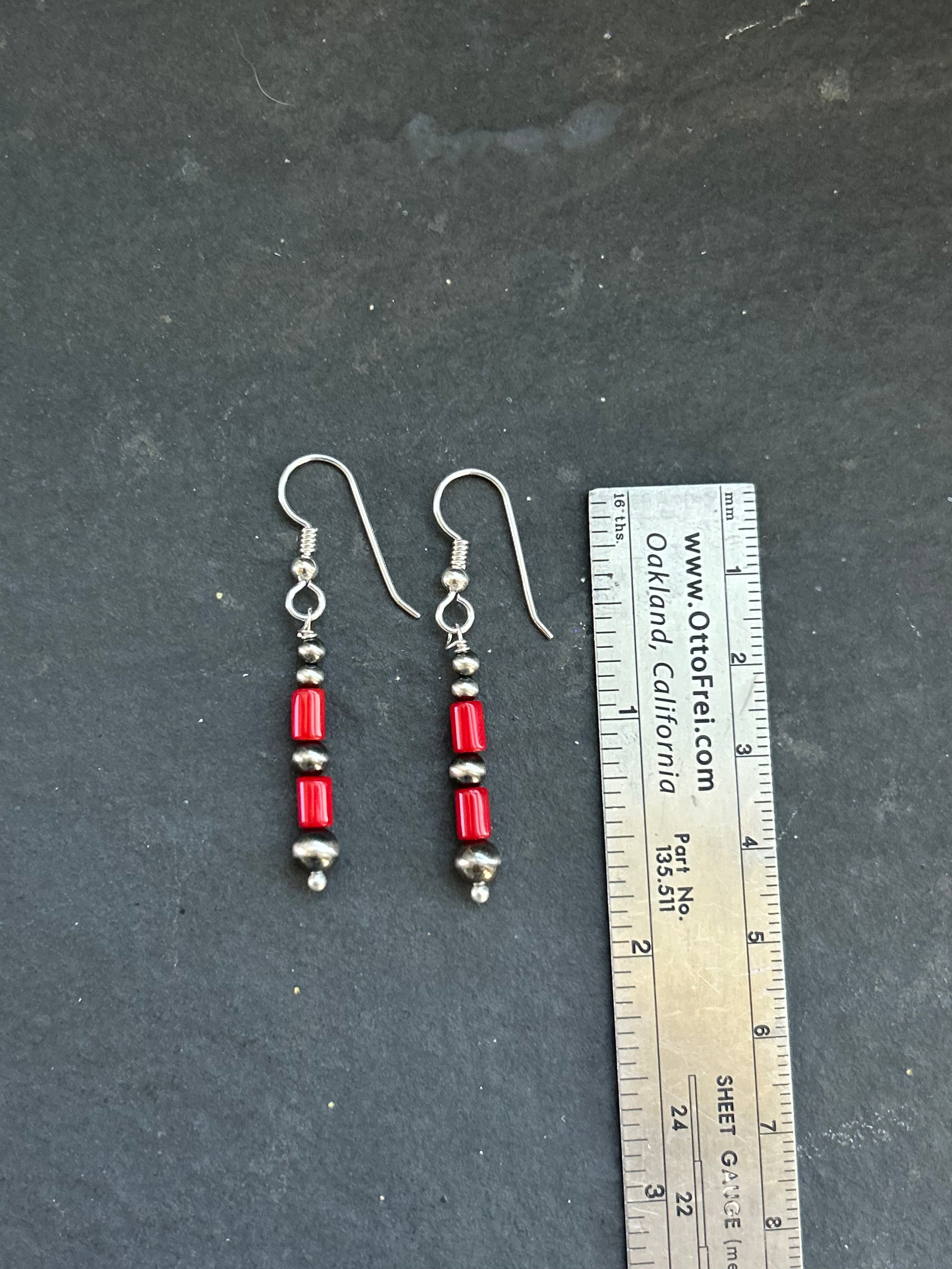 Mediterranean Red Coral Tapered Round Pearl Dangle Earrings