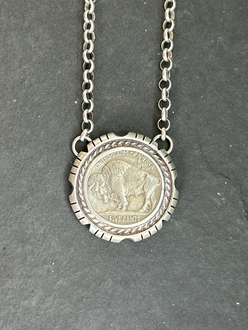 Sterling Silver + Filed Frame Buffalo Nickel Necklace