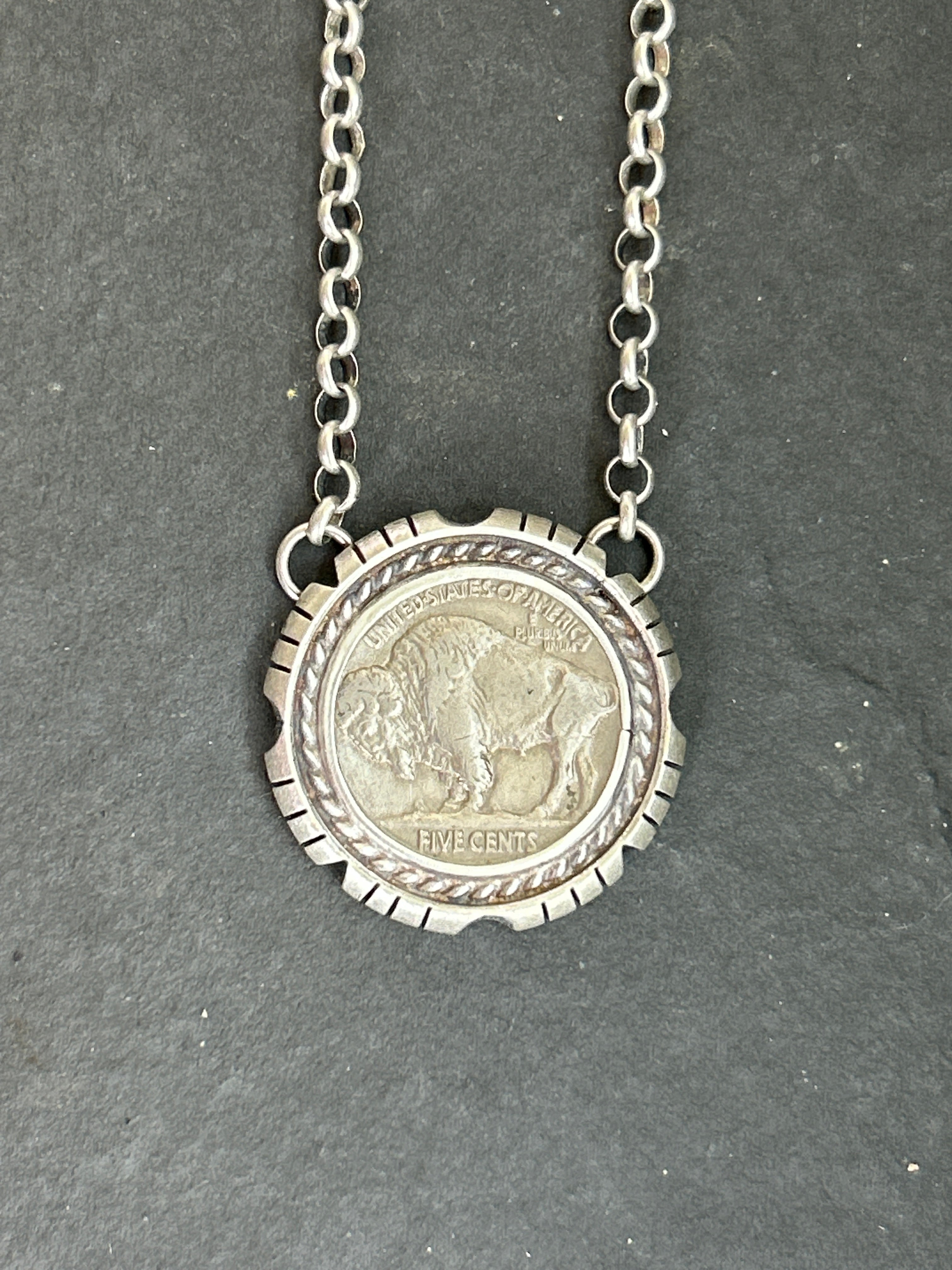 Sterling Silver + Filed Frame Buffalo Nickel Necklace
