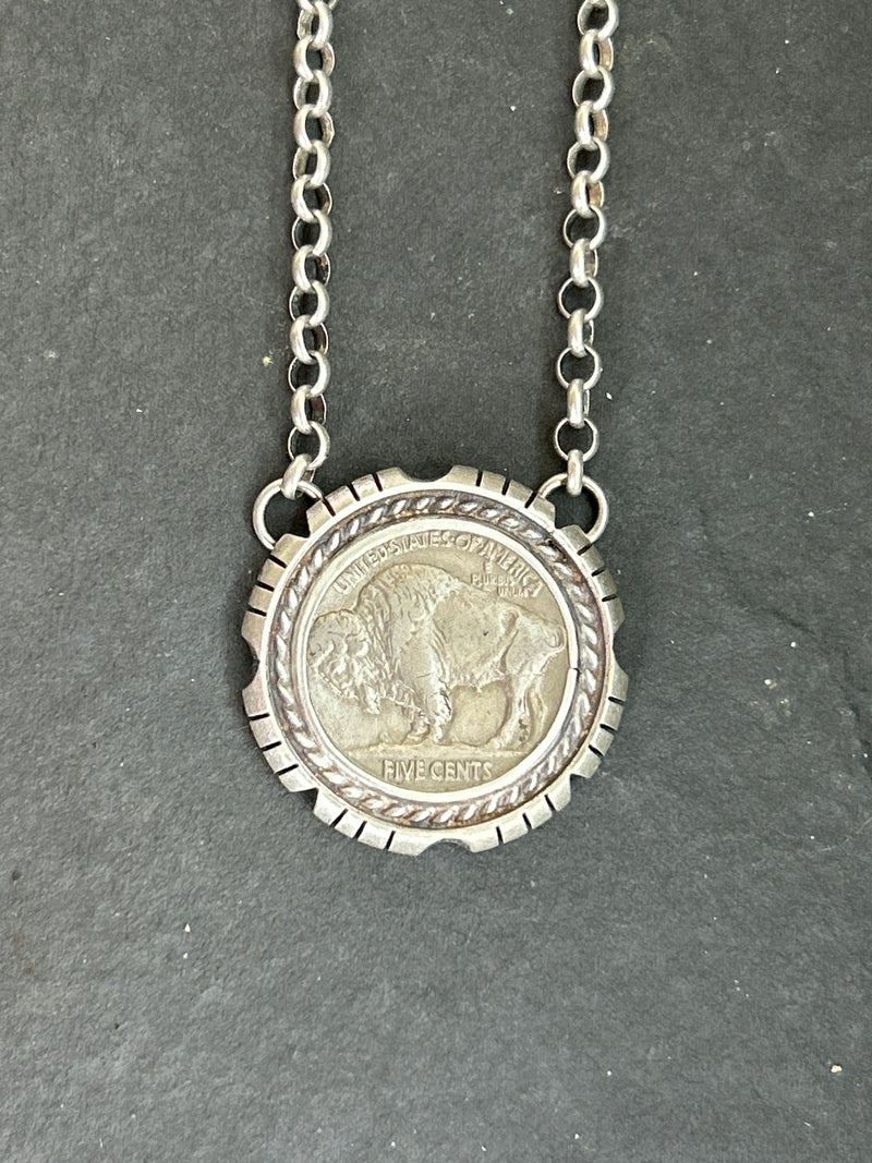Sterling Silver + Filed Frame Buffalo Nickel Necklace