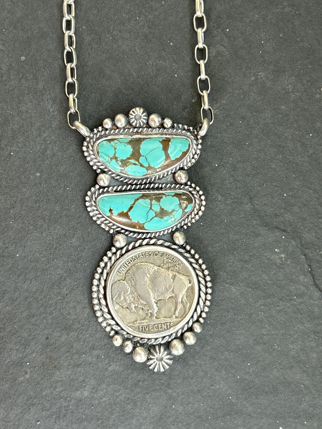 Mine #8 + Buffalo Nickel Graduated Fixed Chain Necklace