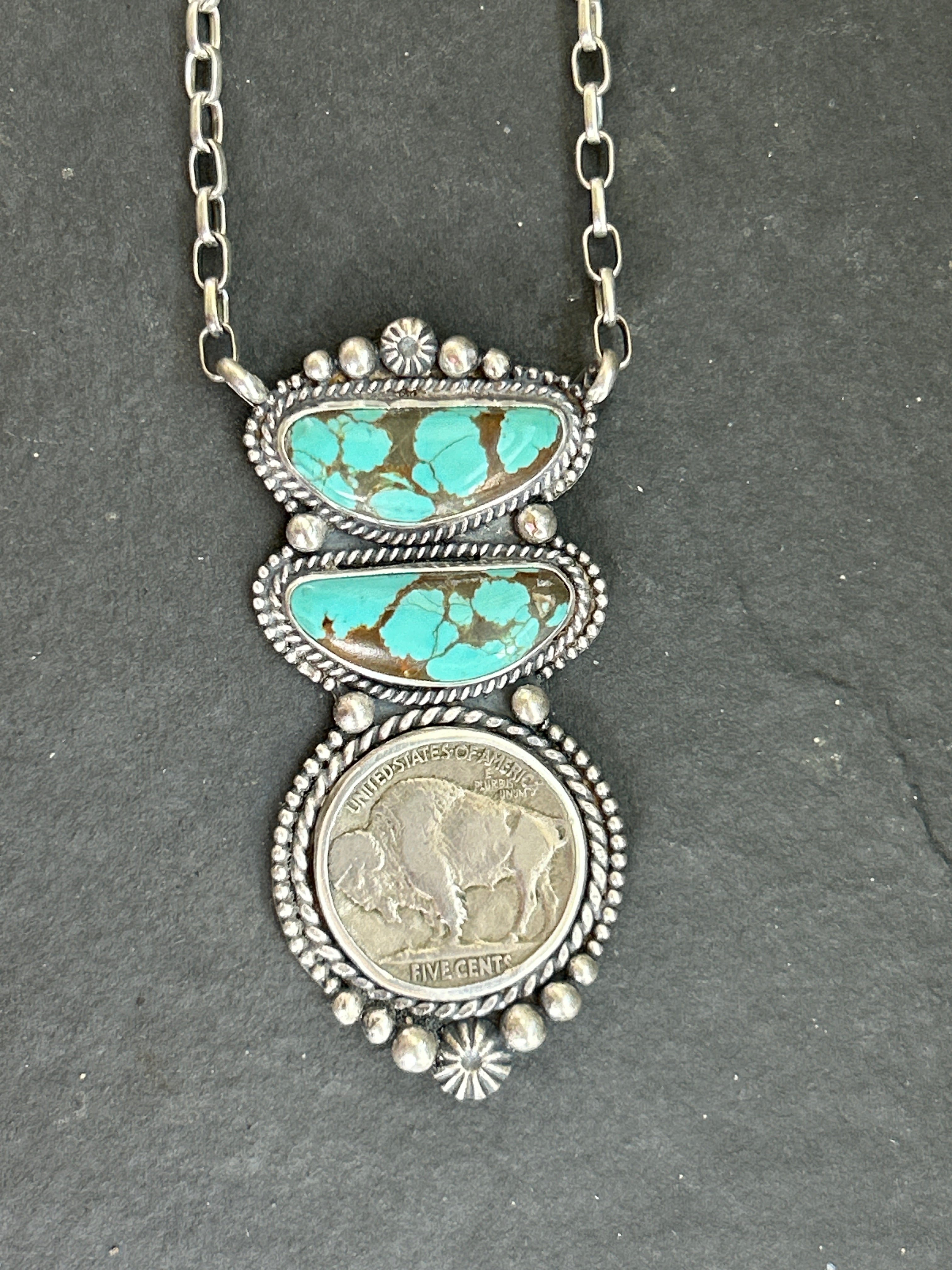 Mine #8 + Buffalo Nickel Graduated Fixed Chain Necklace