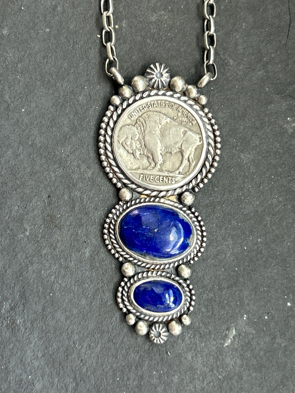 Lapis Lazuli + Buffalo Nickel Graduated Fixed Chain Necklace