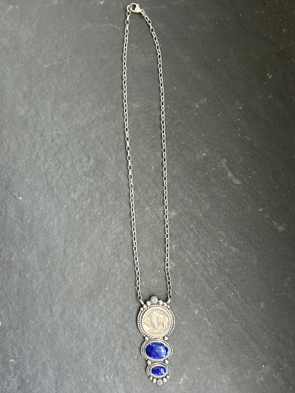 Lapis Lazuli + Buffalo Nickel Graduated Fixed Chain Necklace