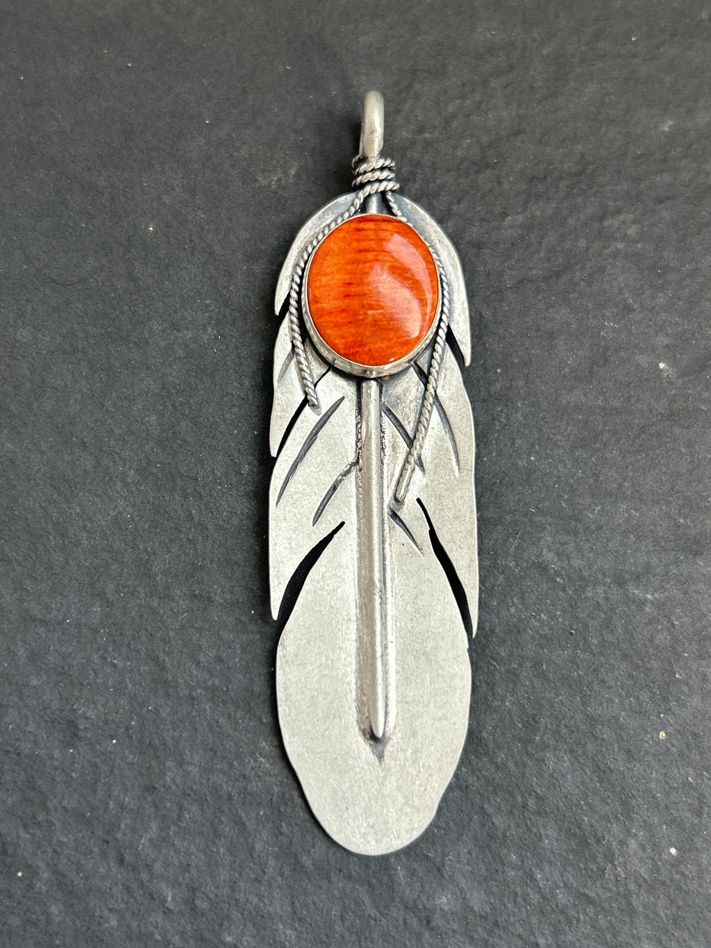 Orange Spiny Oyster Feather of Courage Pendant